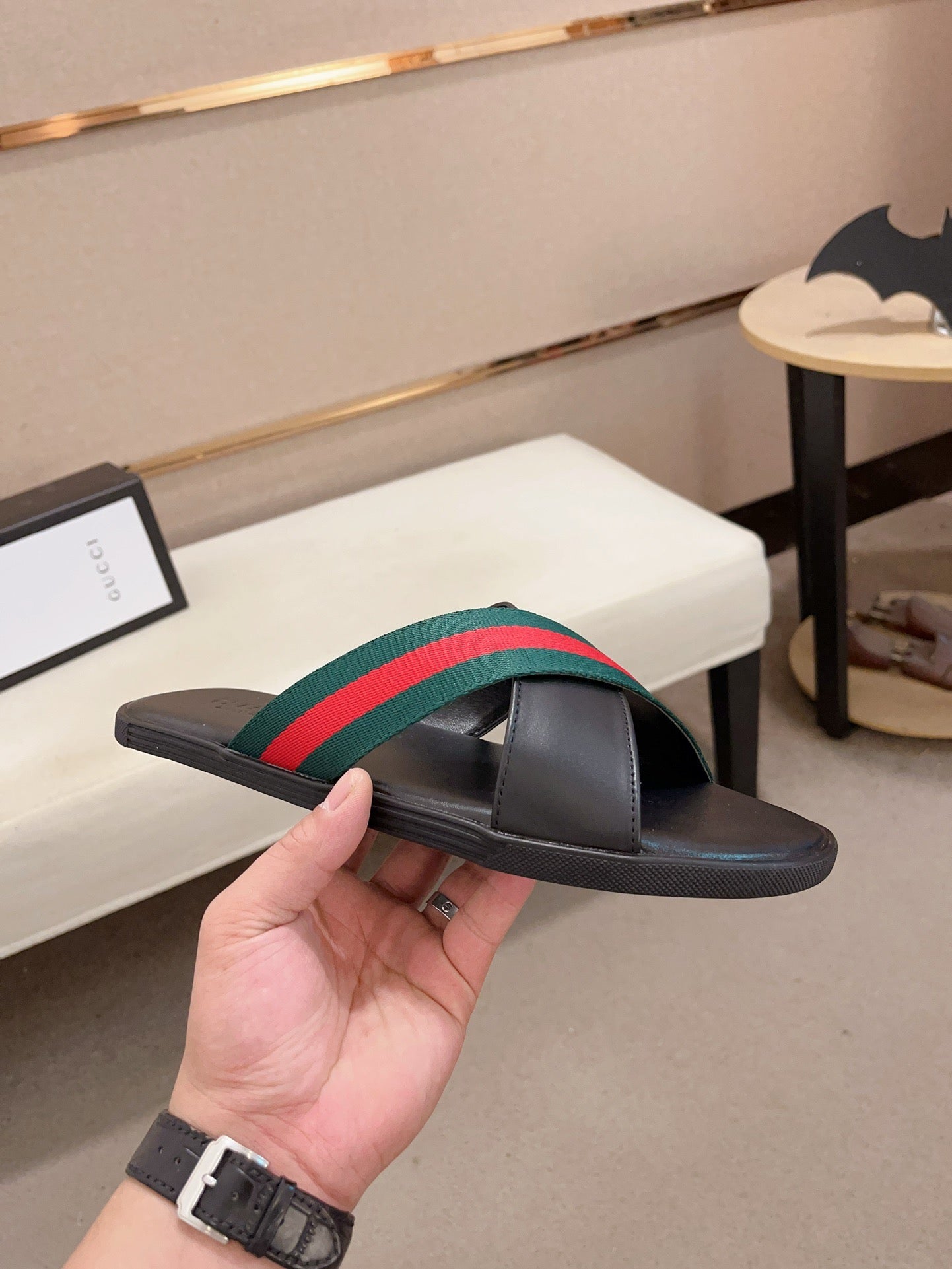 GG Men's Web Slide Black Green Cowhide 554606