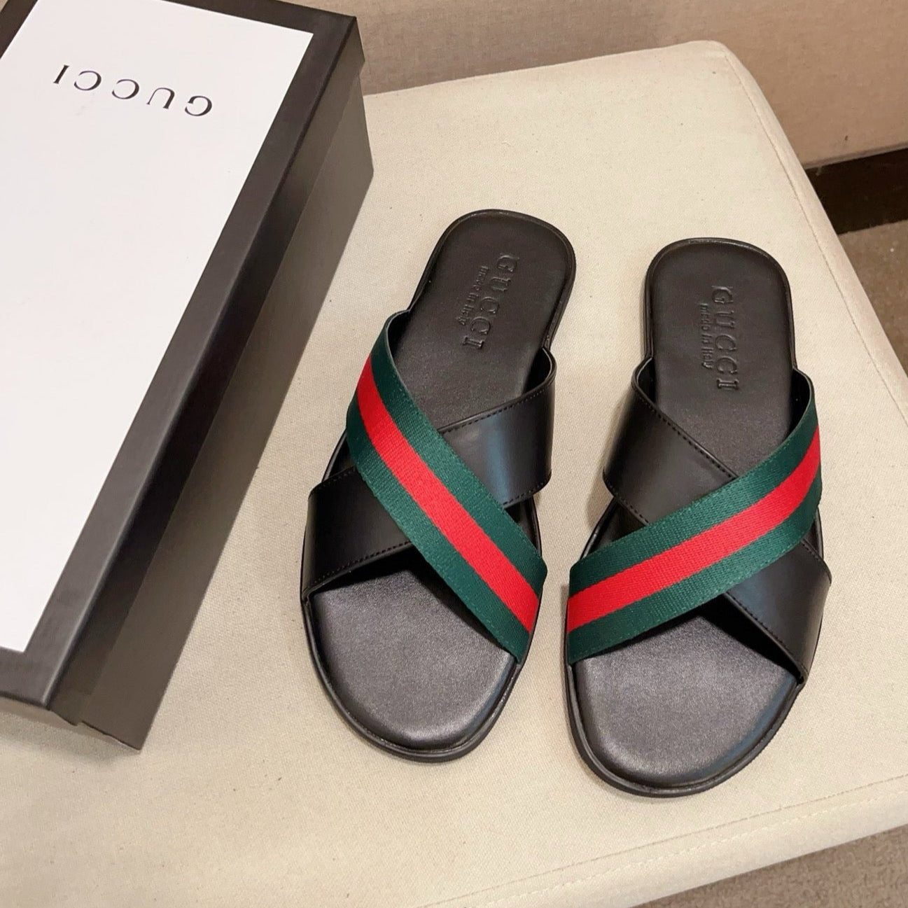 GG Men's Web Slide Black Green Cowhide 554606