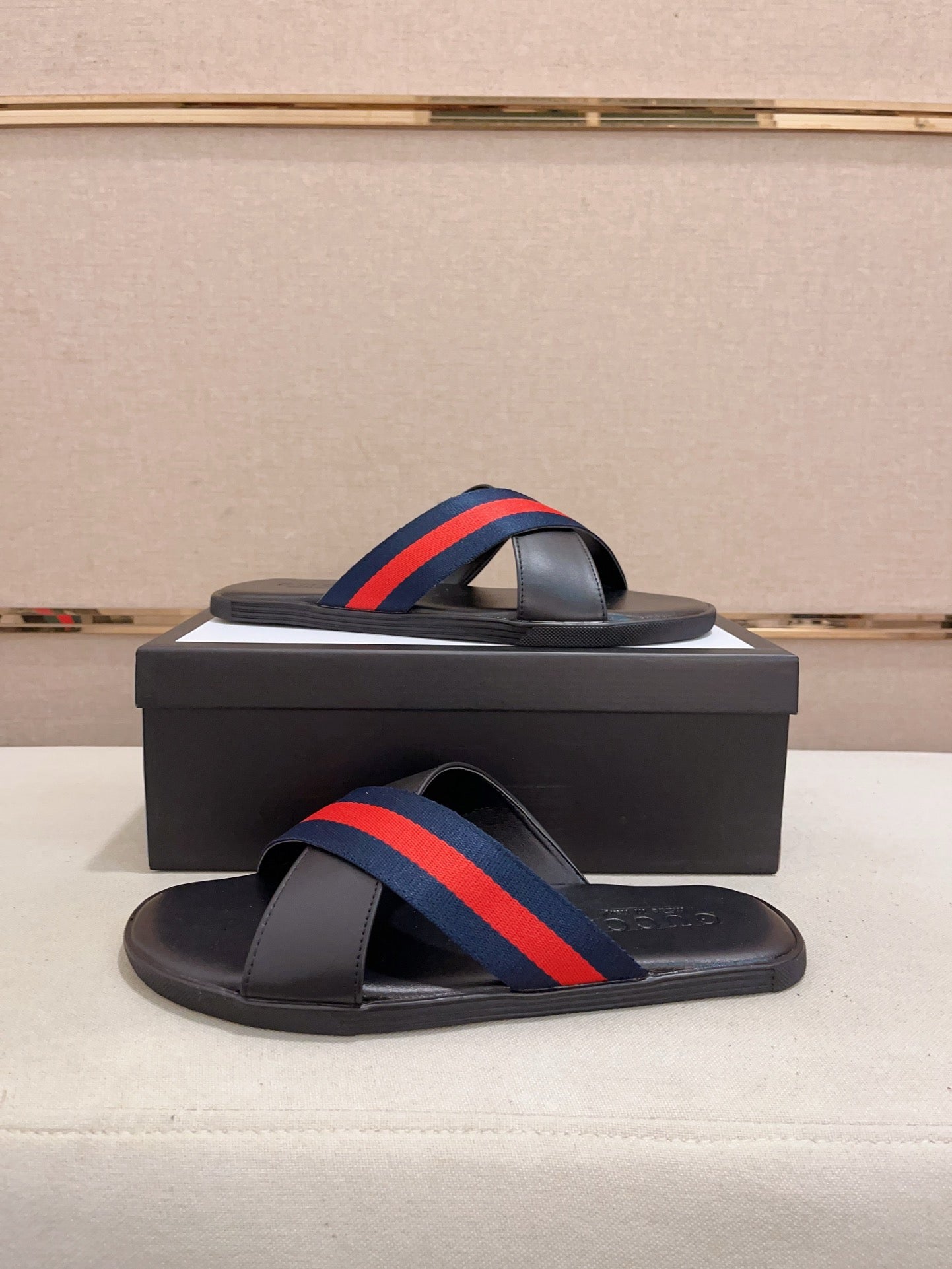 GG Men's Web Slide Black Blue Cowhide 554607