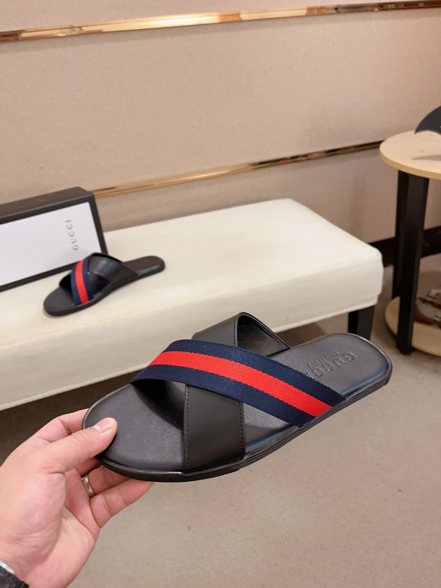 GG Men's Web Slide Black Blue Cowhide 554607