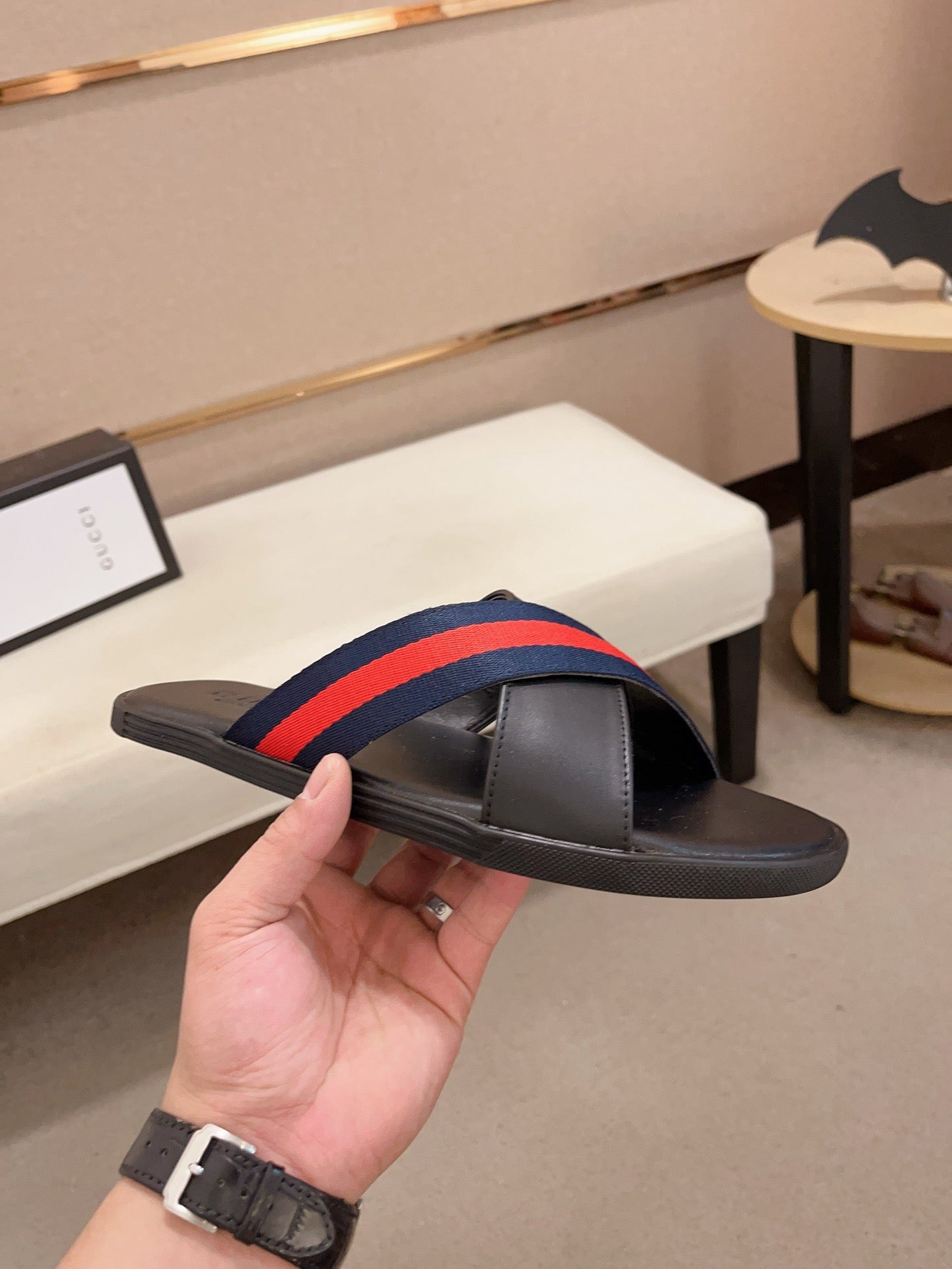 GG Men's Web Slide Black Blue Cowhide 554607