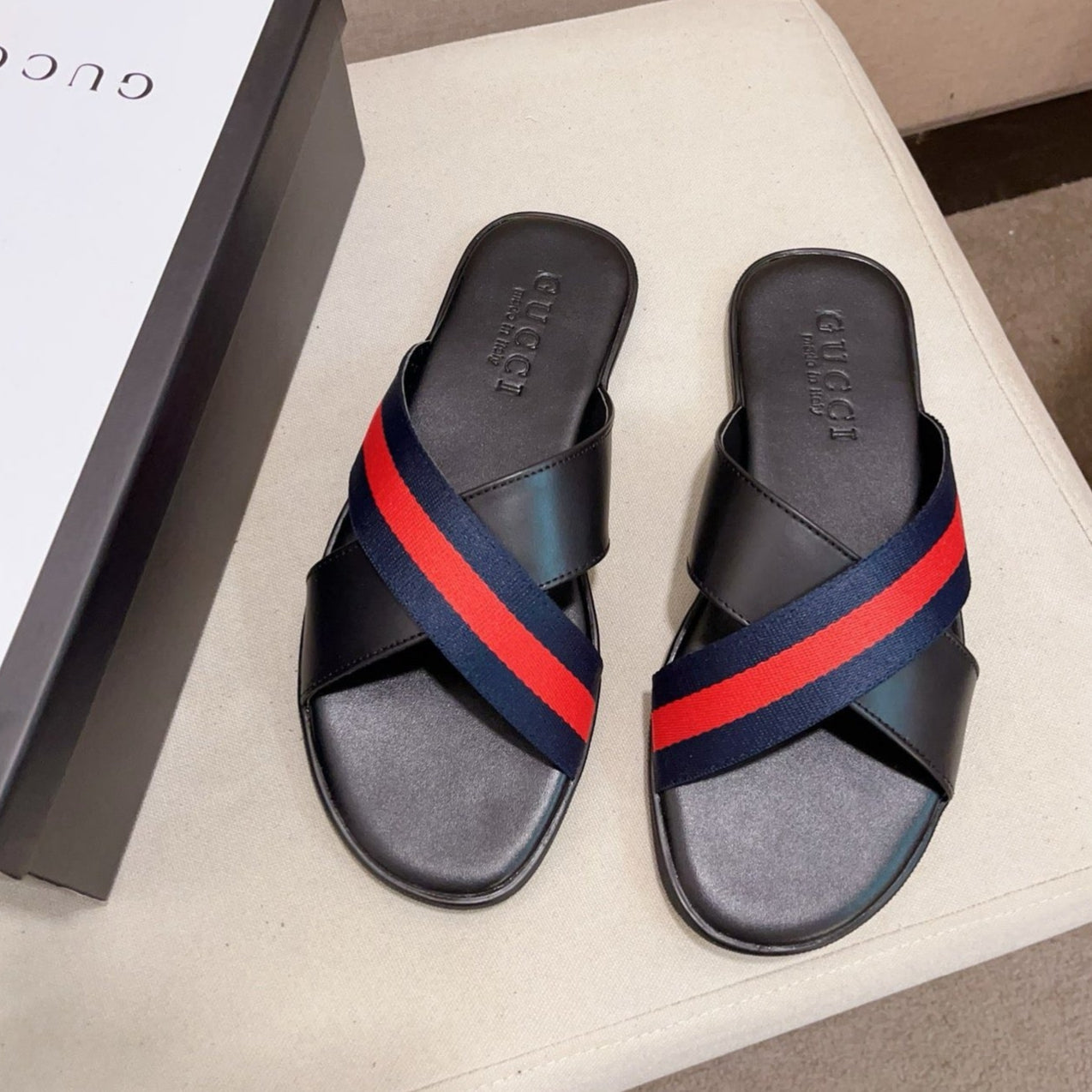 GG Men's Web Slide Black Blue Cowhide 554607