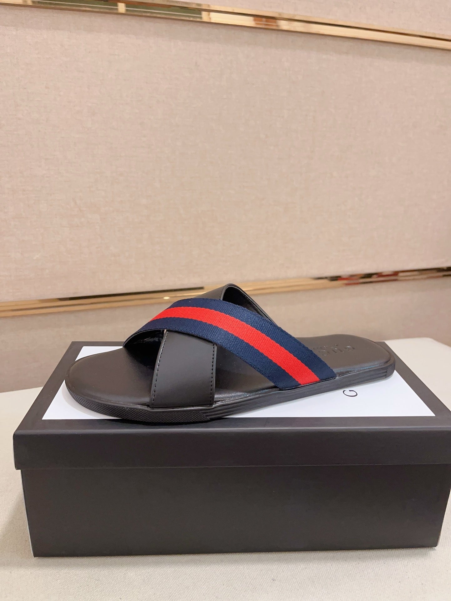 GG Men's Web Slide Black Blue Cowhide 554607