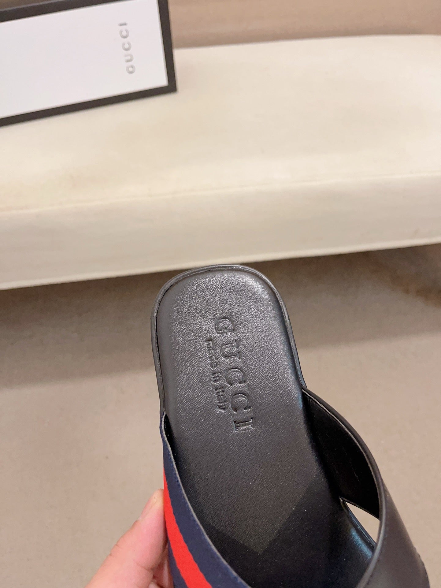 GG Men's Web Slide Black Blue Cowhide 554607