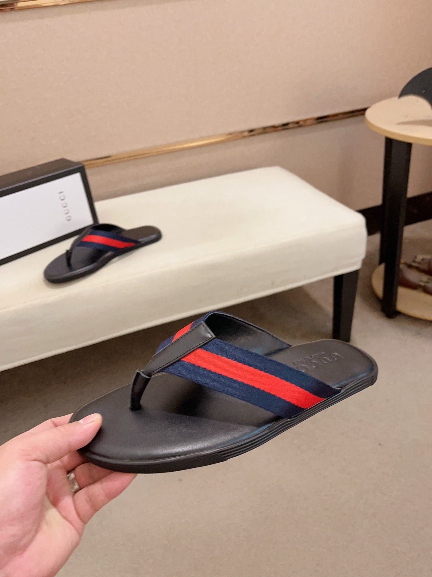 GG Men's Thong Web Black Blue Cowhide 554610