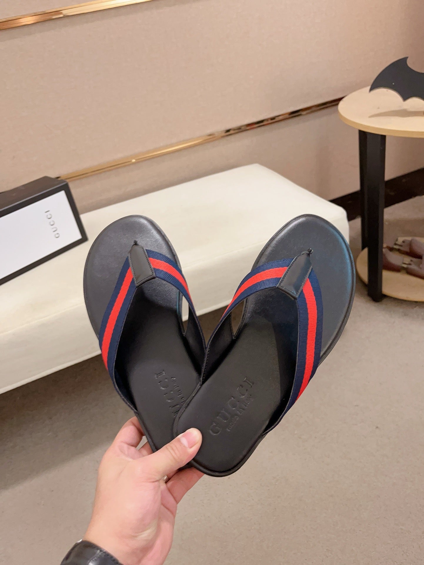 GG Men's Thong Web Black Blue Cowhide 554610