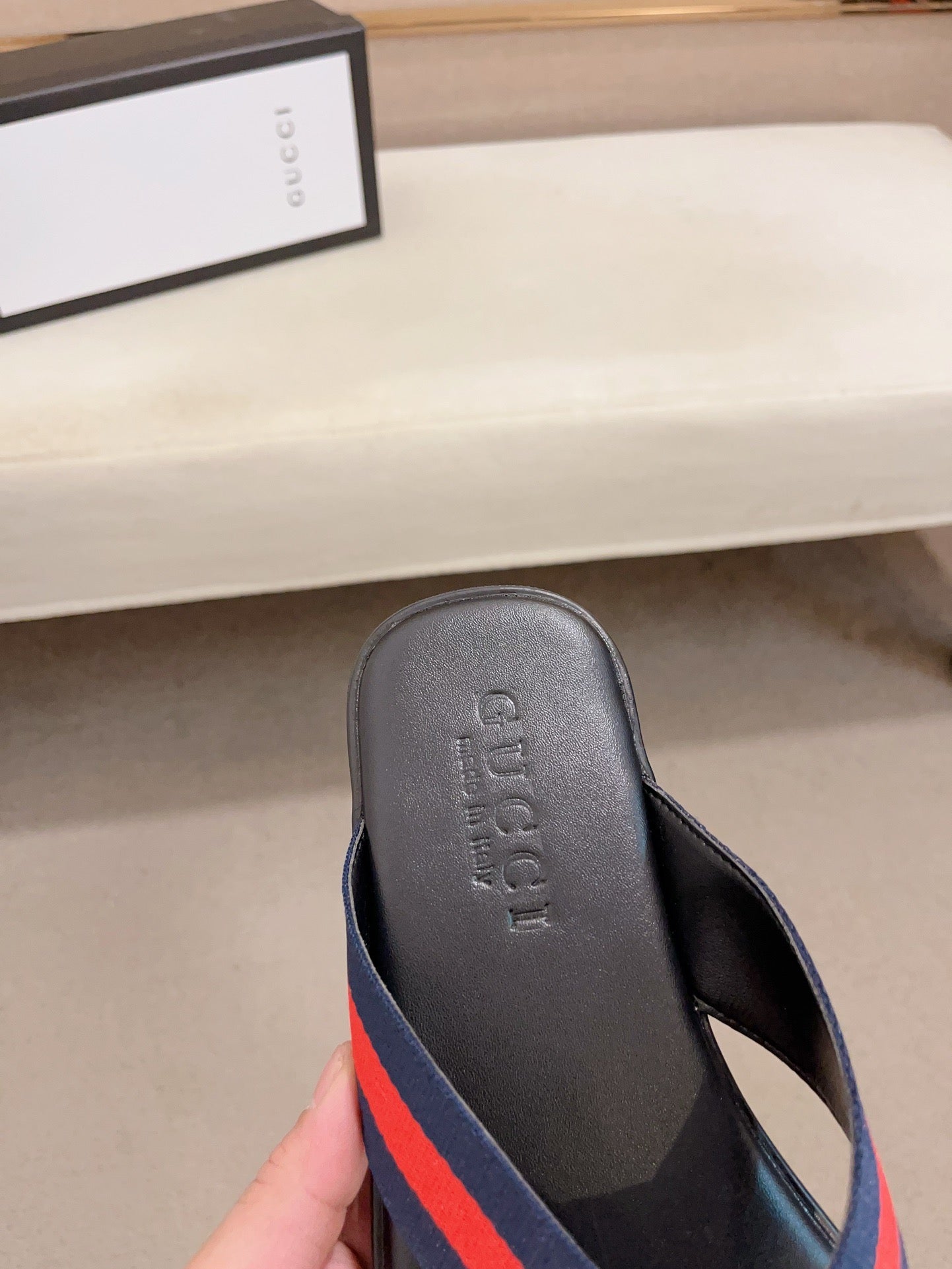 GG Men's Thong Web Black Blue Cowhide 554610