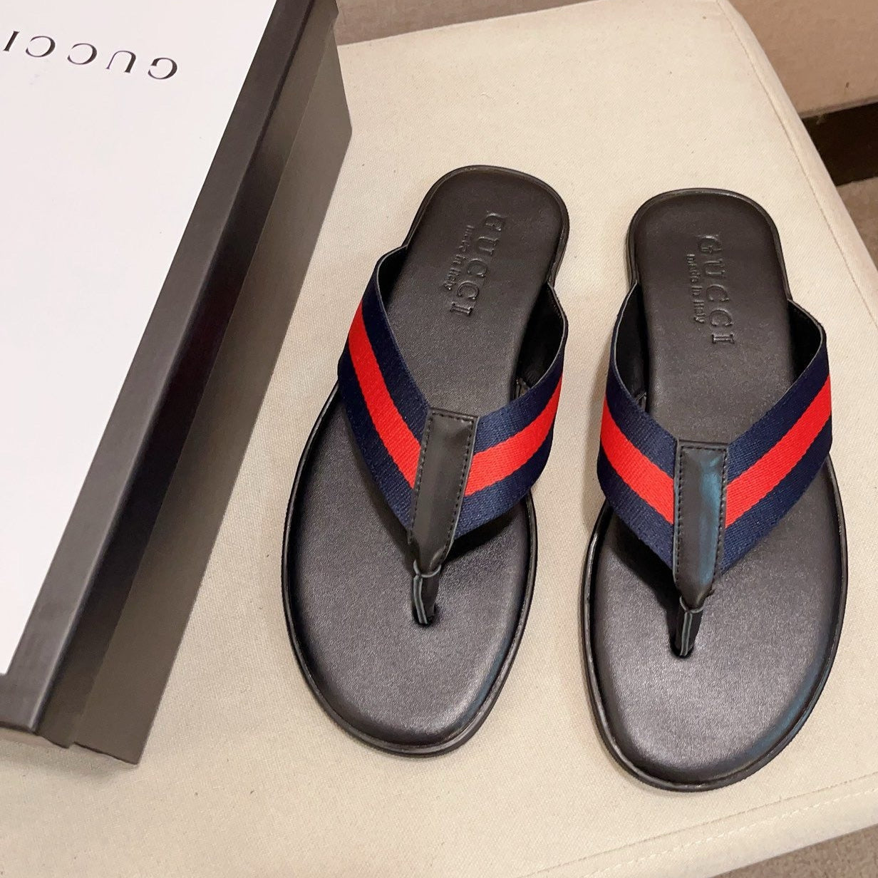 GG Men's Thong Web Black Blue Cowhide 554610