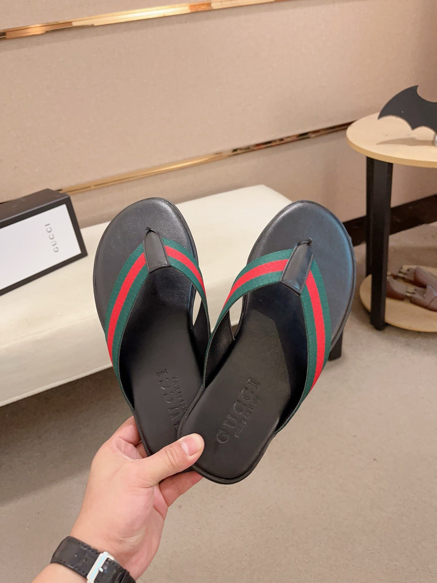 GG Men's Thong Web Black Green Cowhide 554611