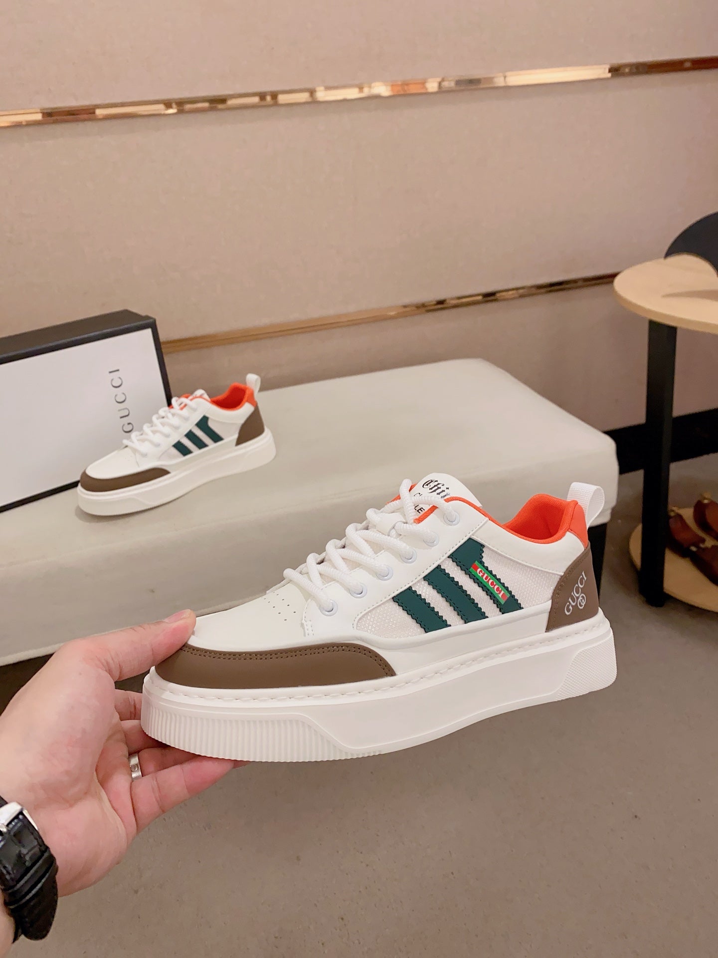 GG Men's Sneaker White Brown Cowhide 573328