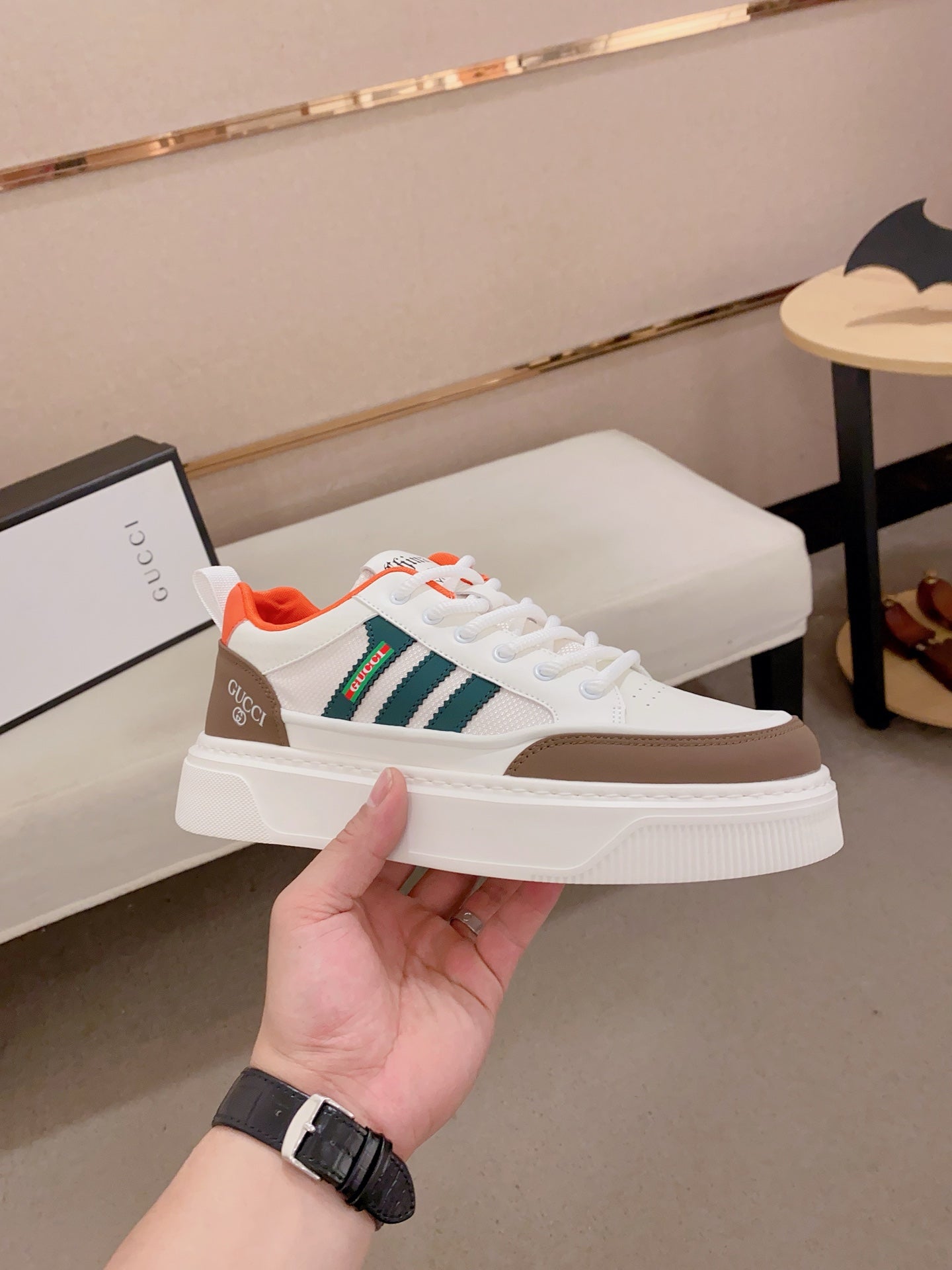 GG Men's Sneaker White Brown Cowhide 573328