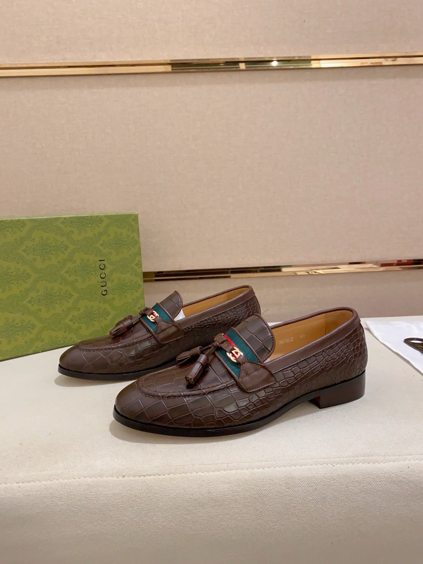 GG Men's Tassel Loafer Brown Embossed Cowhide 573362