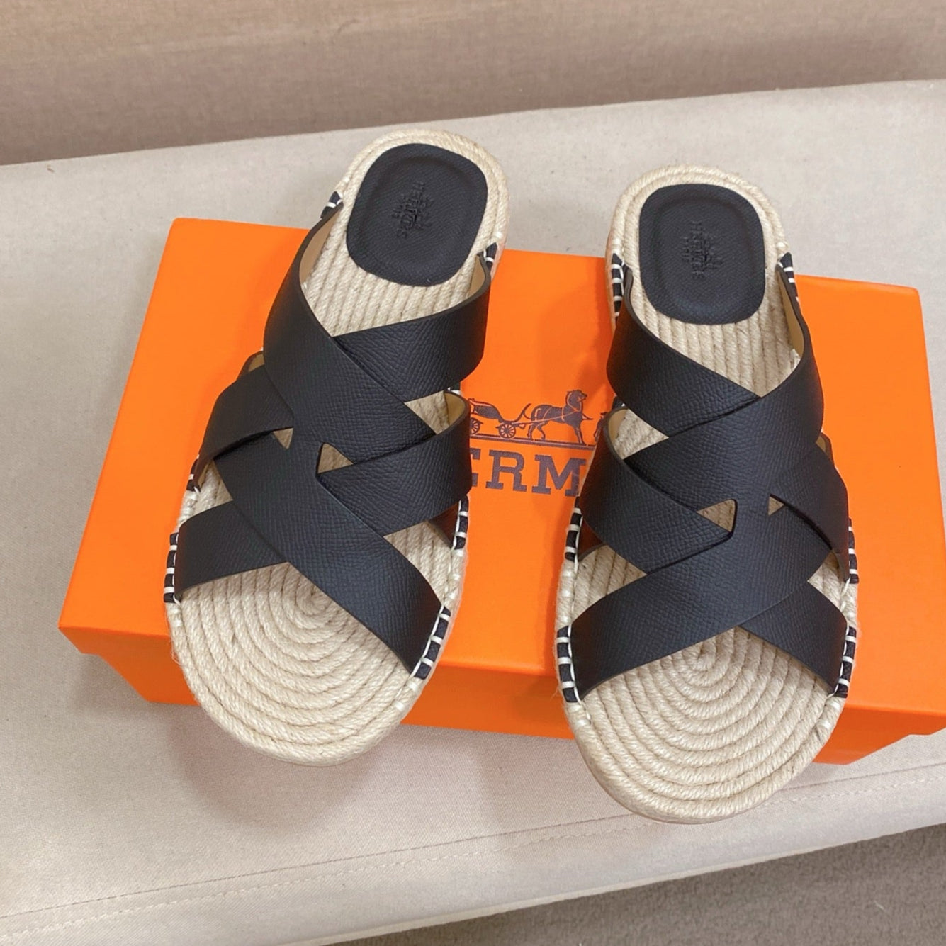 HM Men's Kazimir Sandal Black Espadrilles Cowhide 700886