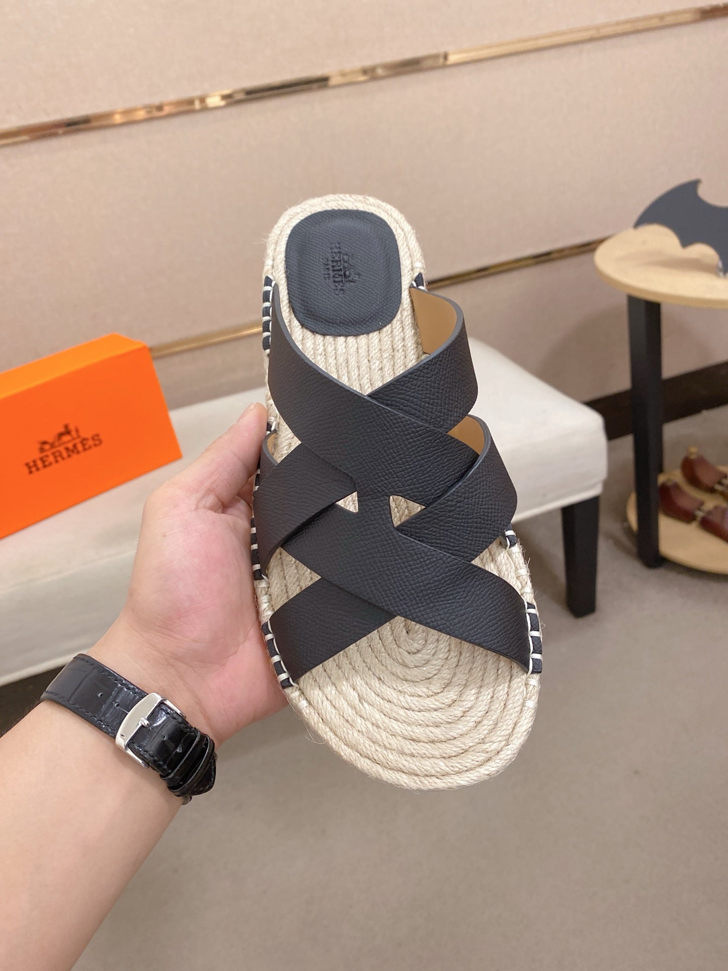 HM Men's Kazimir Sandal Black Espadrilles Cowhide 700886