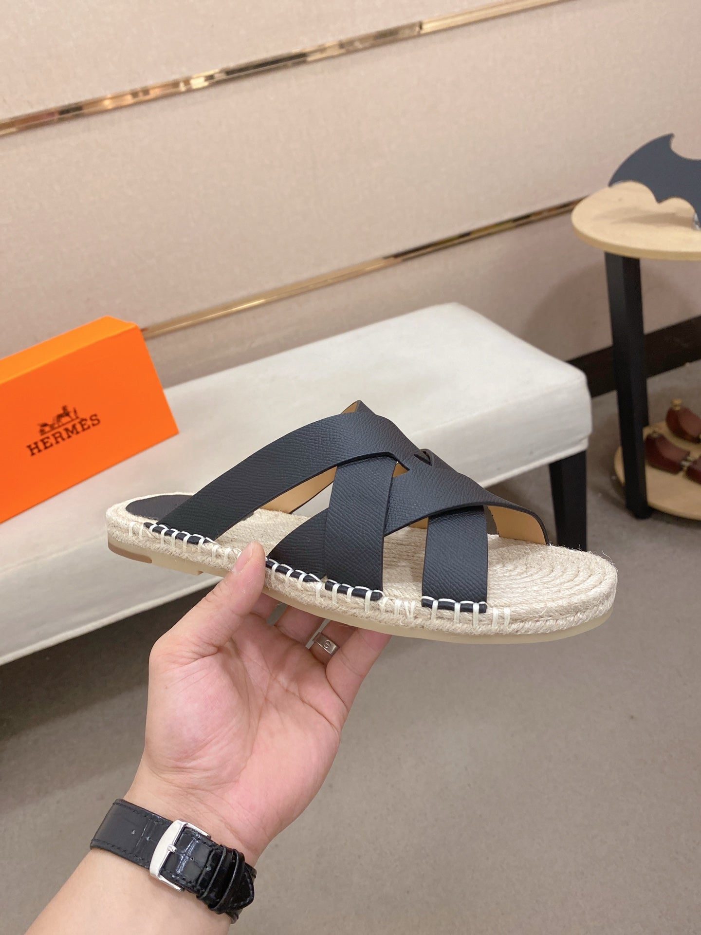 HM Men's Kazimir Sandal Black Espadrilles Cowhide 700886