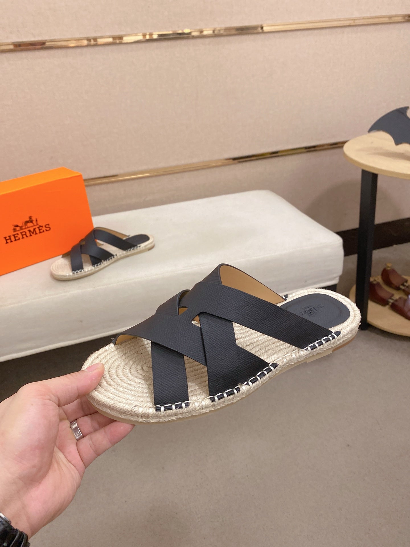 HM Men's Kazimir Sandal Black Espadrilles Cowhide 700886