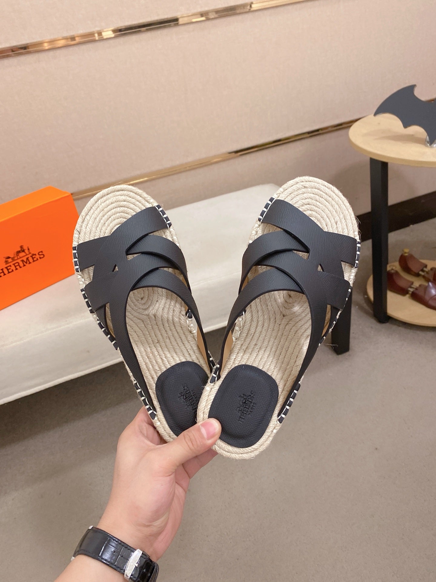 HM Men's Kazimir Sandal Black Espadrilles Cowhide 700886