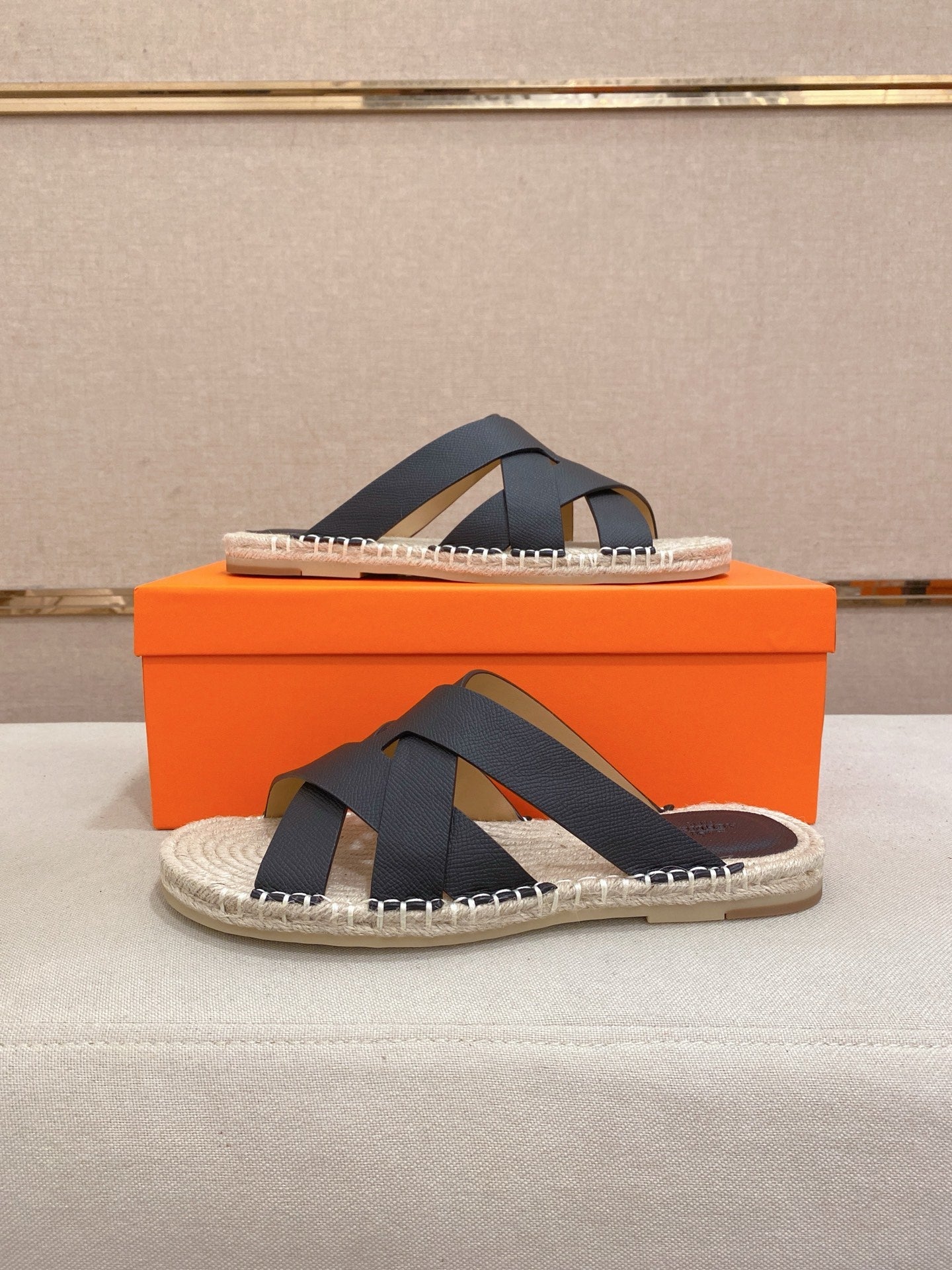 HM Men's Kazimir Sandal Black Espadrilles Cowhide 700886