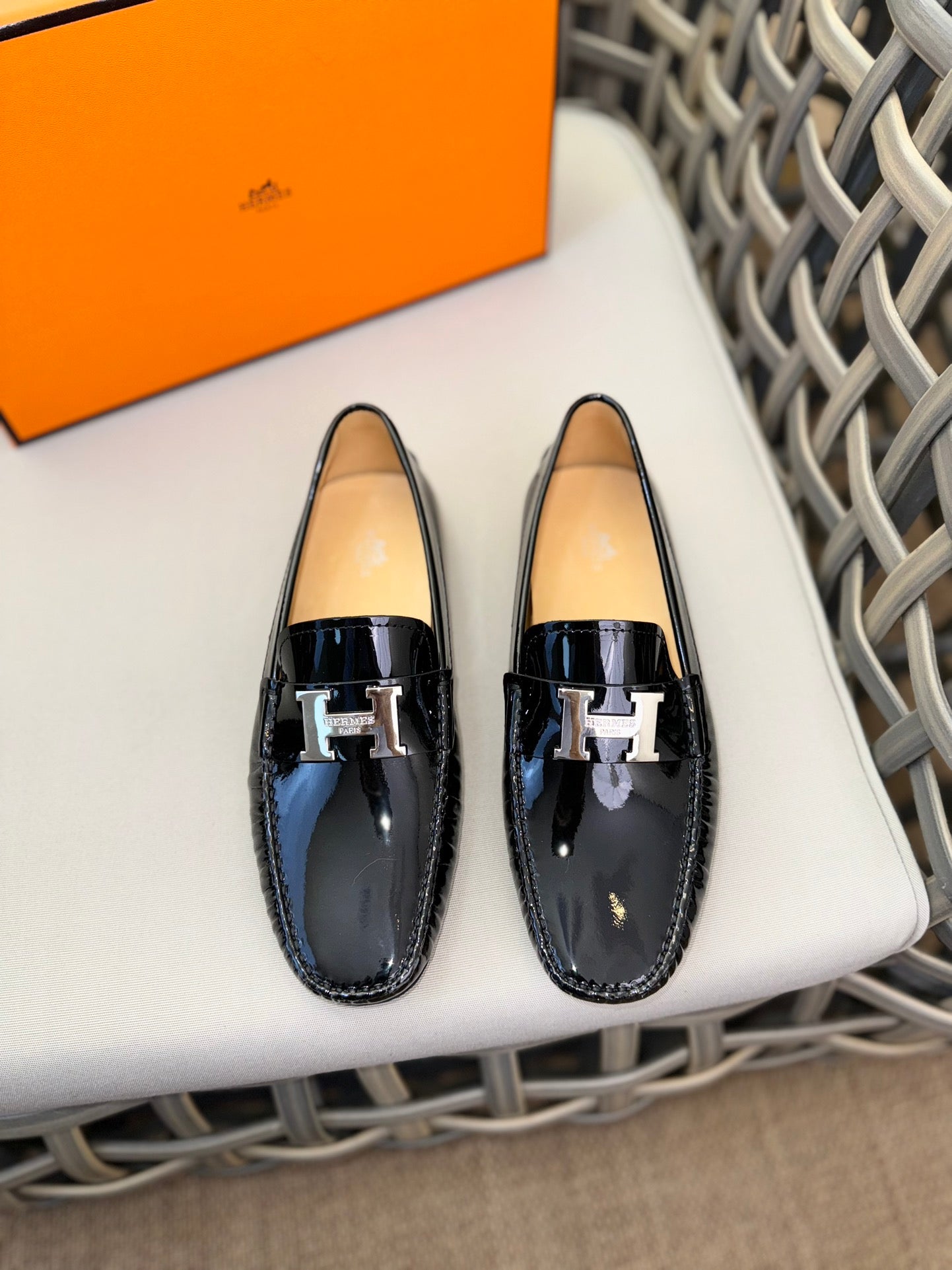 HM Men's Moccasins Loafer Black Patent Leather 537532