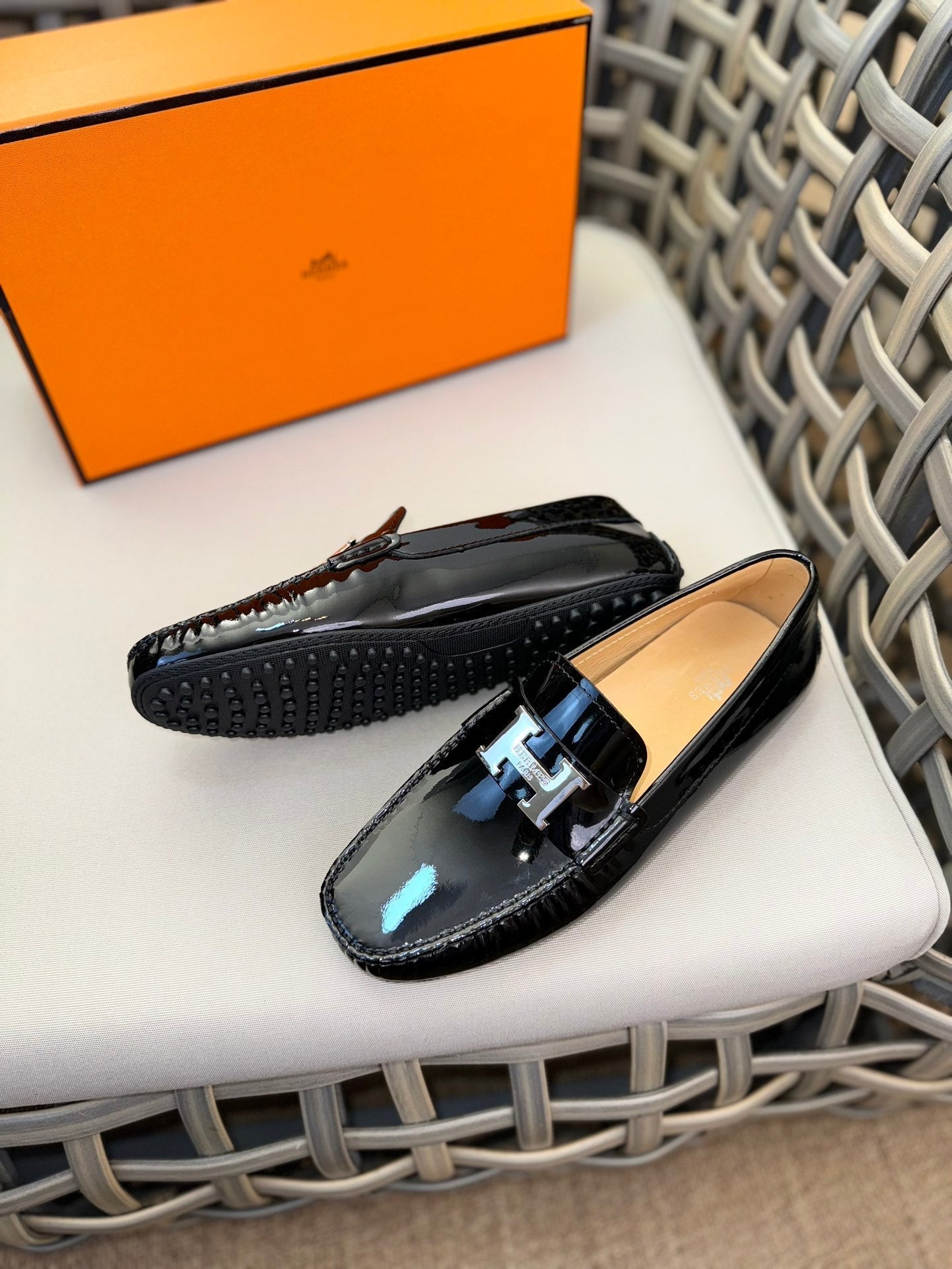 HM Men's Moccasins Loafer Black Patent Leather 537532