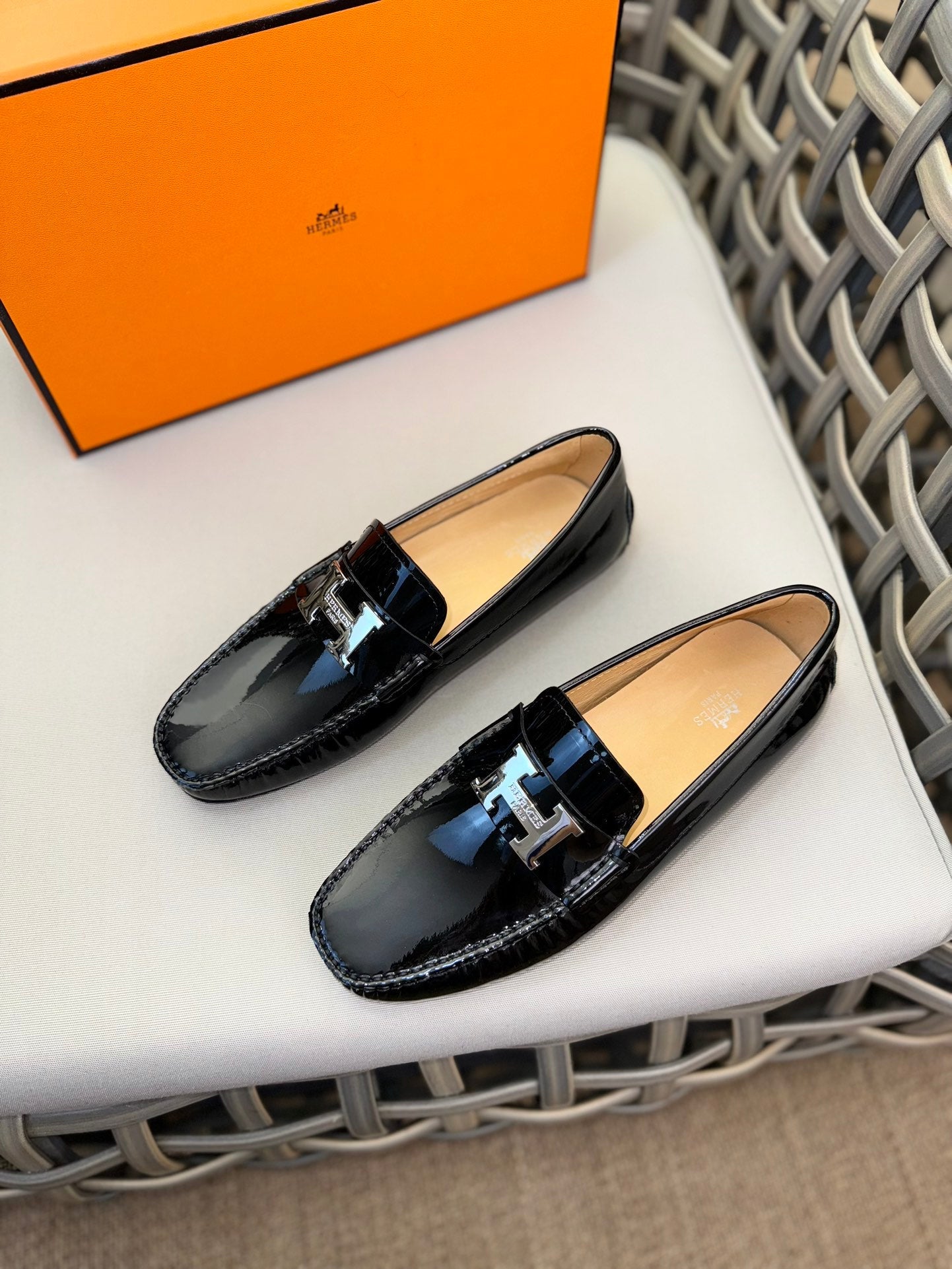 HM Men's Moccasins Loafer Black Patent Leather 537532