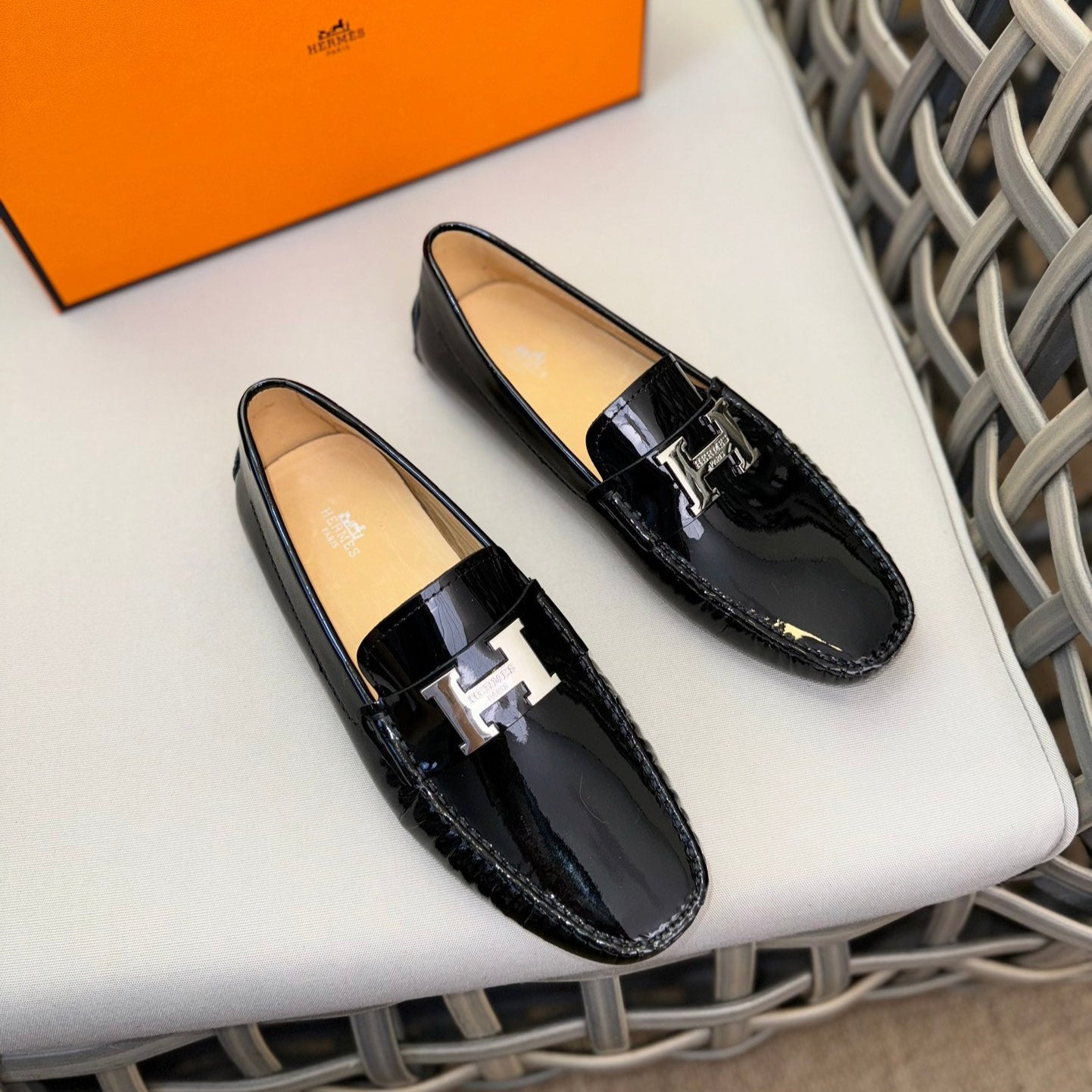 HM Men's Moccasins Loafer Black Patent Leather 537532