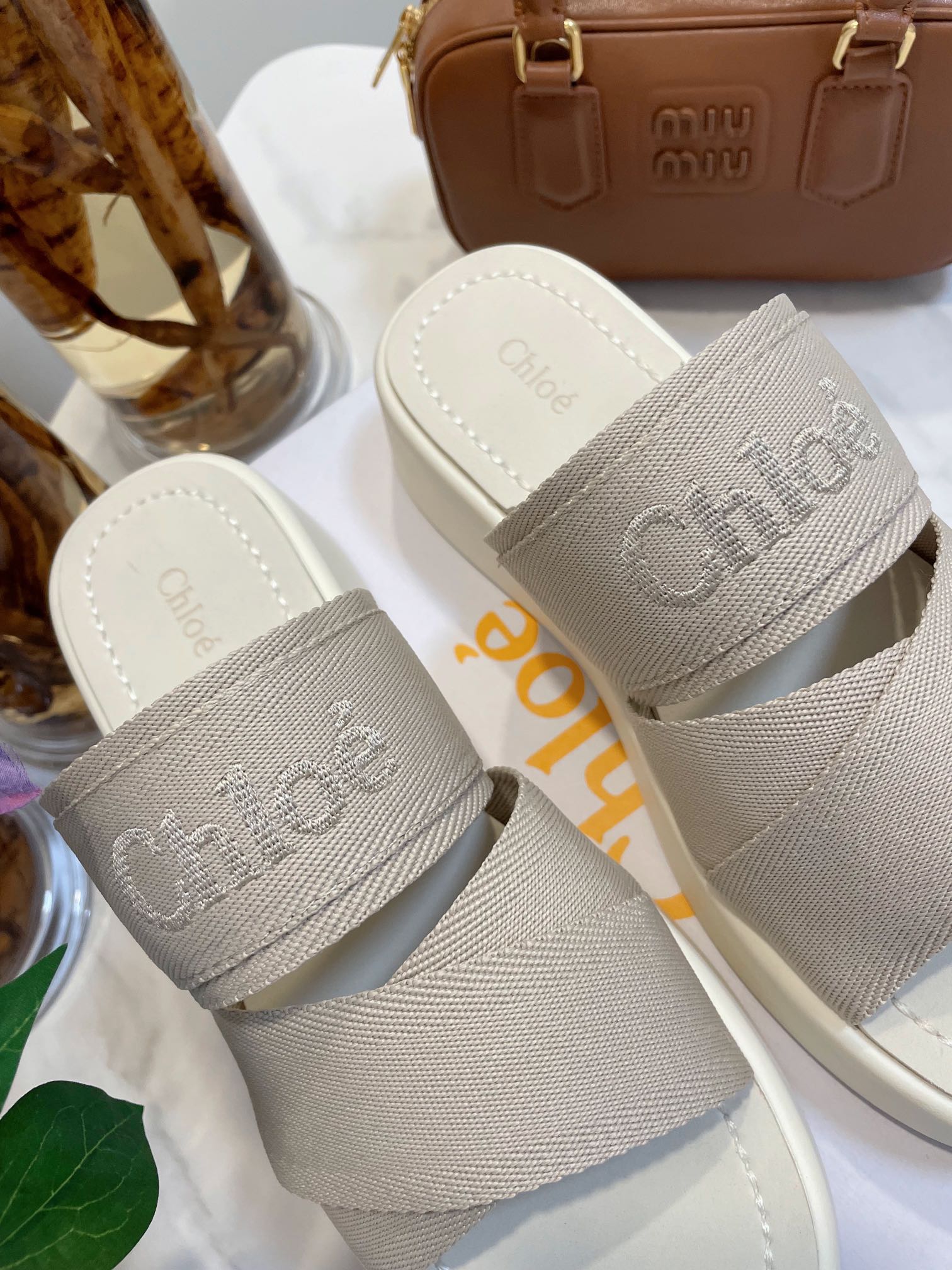 CHLOE WOODY WEDGE SANDALS IN DOVE GREY CANVAS WITH WHITE RUBBER SOLE