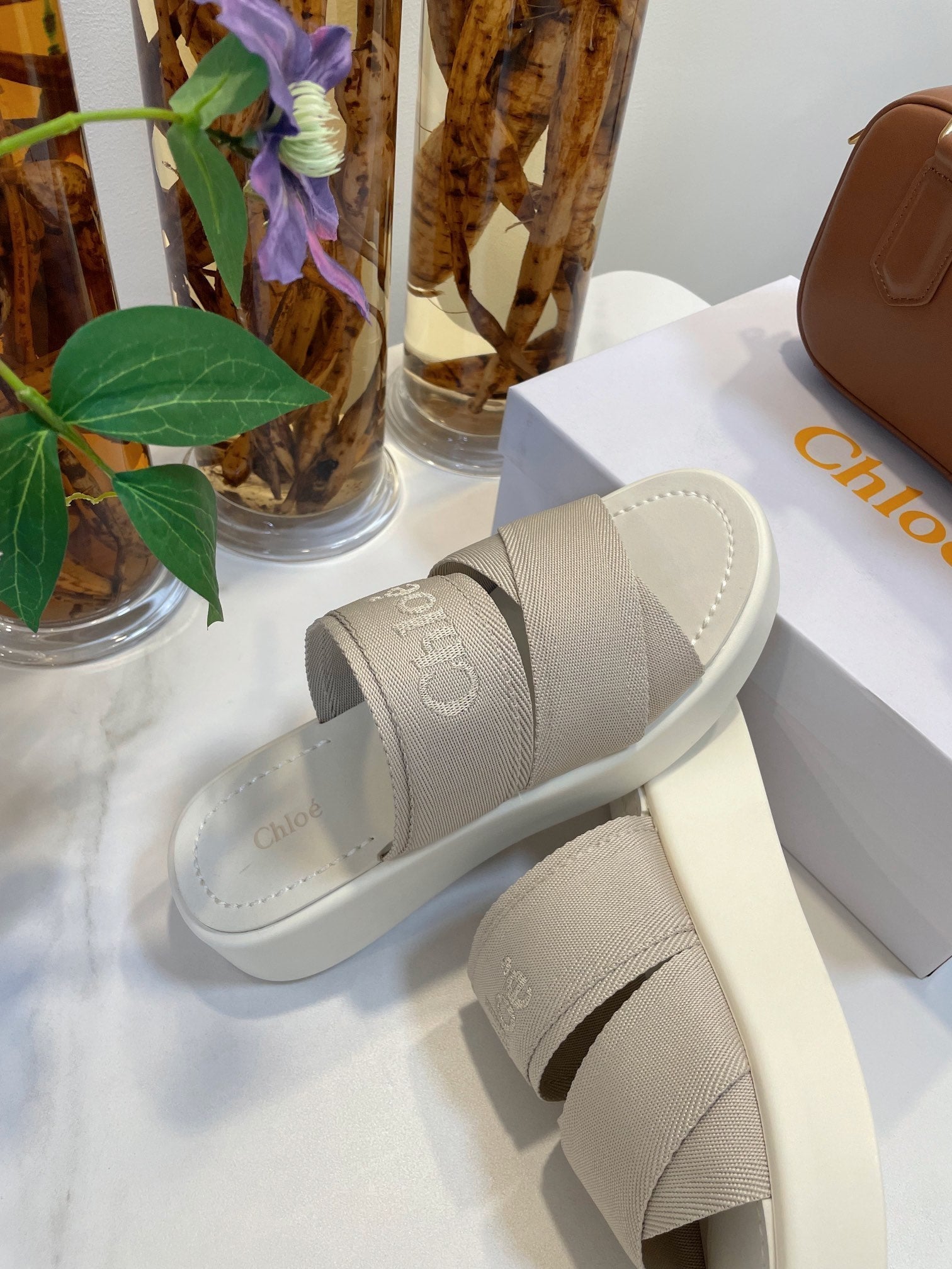CHLOE WOODY WEDGE SANDALS IN DOVE GREY CANVAS WITH WHITE RUBBER SOLE