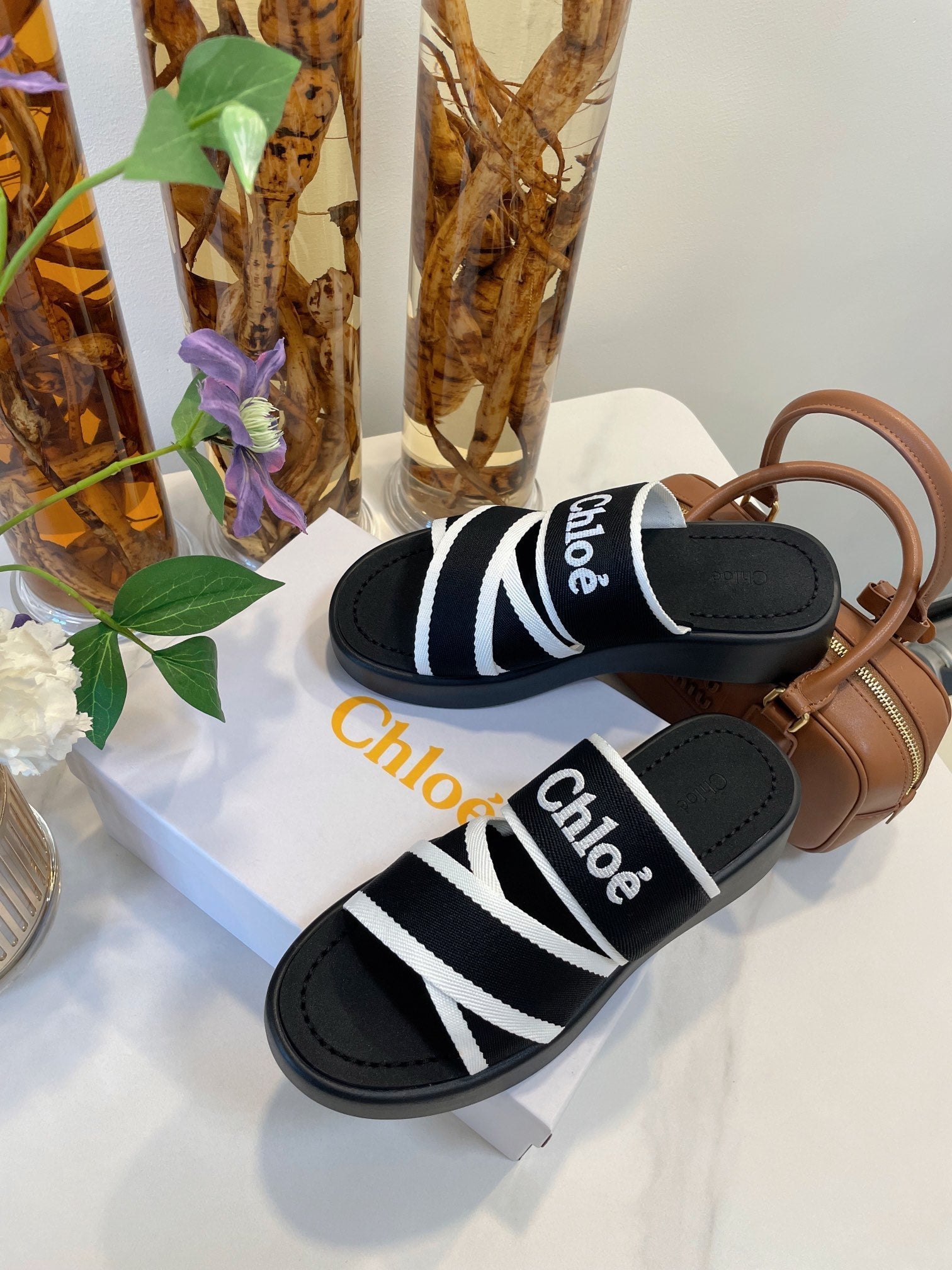 CHLOE WOODY WEDGE SANDALS IN BLACK MIX WHITE CANVAS WITH RUBBER SOLE