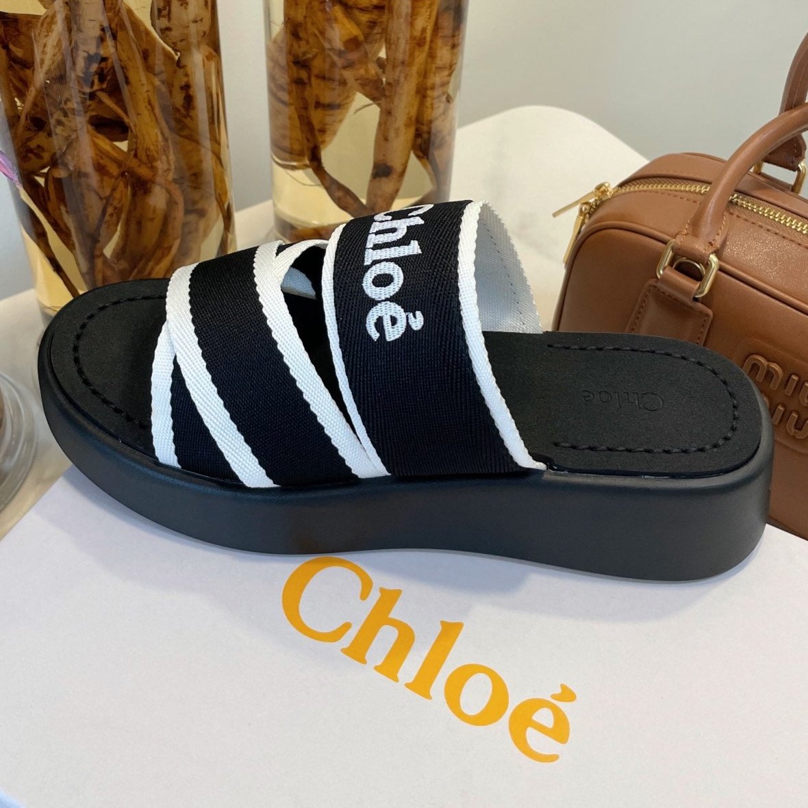 CHLOE WOODY WEDGE SANDALS IN BLACK MIX WHITE CANVAS WITH RUBBER SOLE