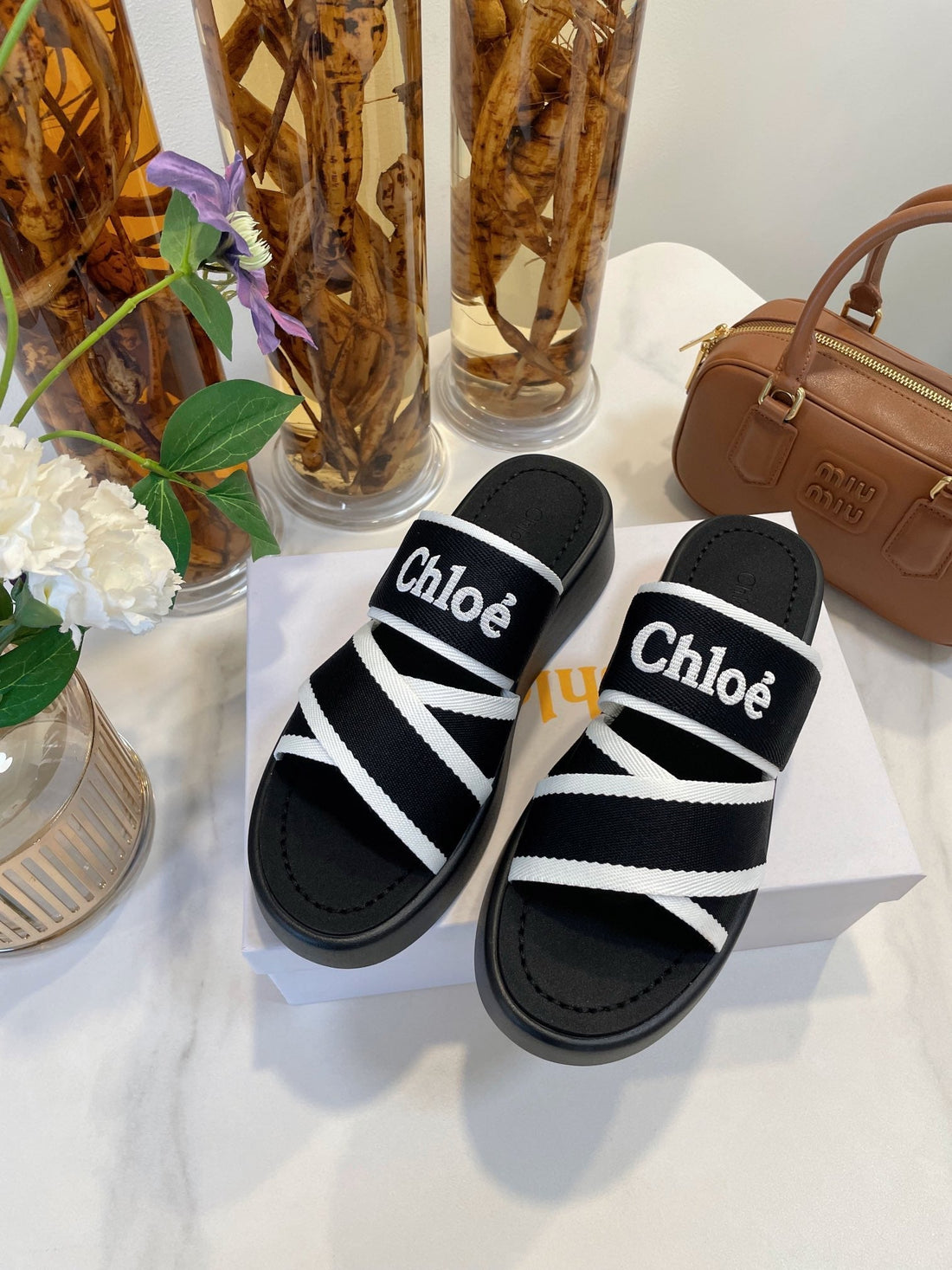 CHLOE WOODY WEDGE SANDALS IN BLACK MIX WHITE CANVAS WITH RUBBER SOLE