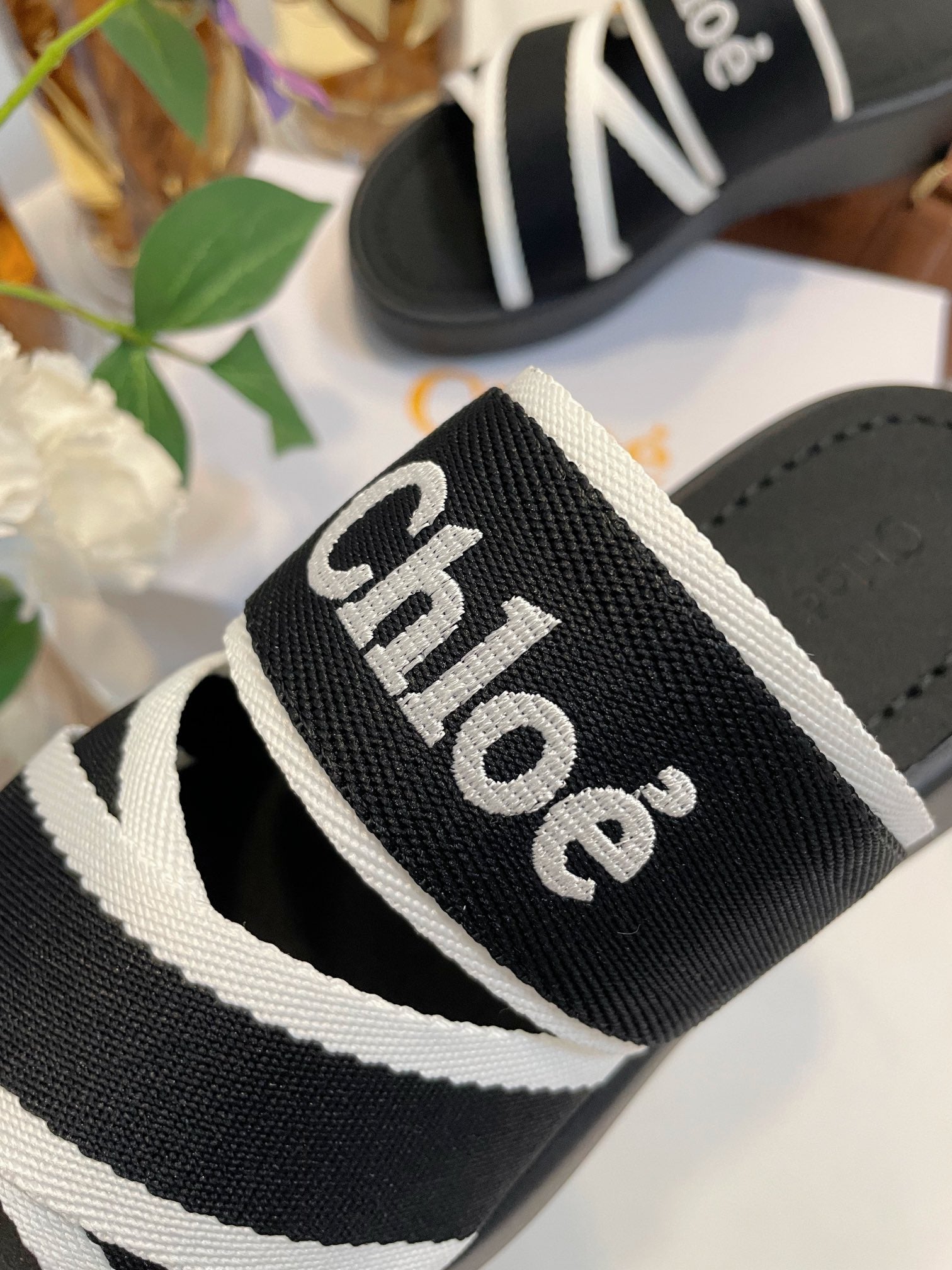 CHLOE WOODY WEDGE SANDALS IN BLACK MIX WHITE CANVAS WITH RUBBER SOLE