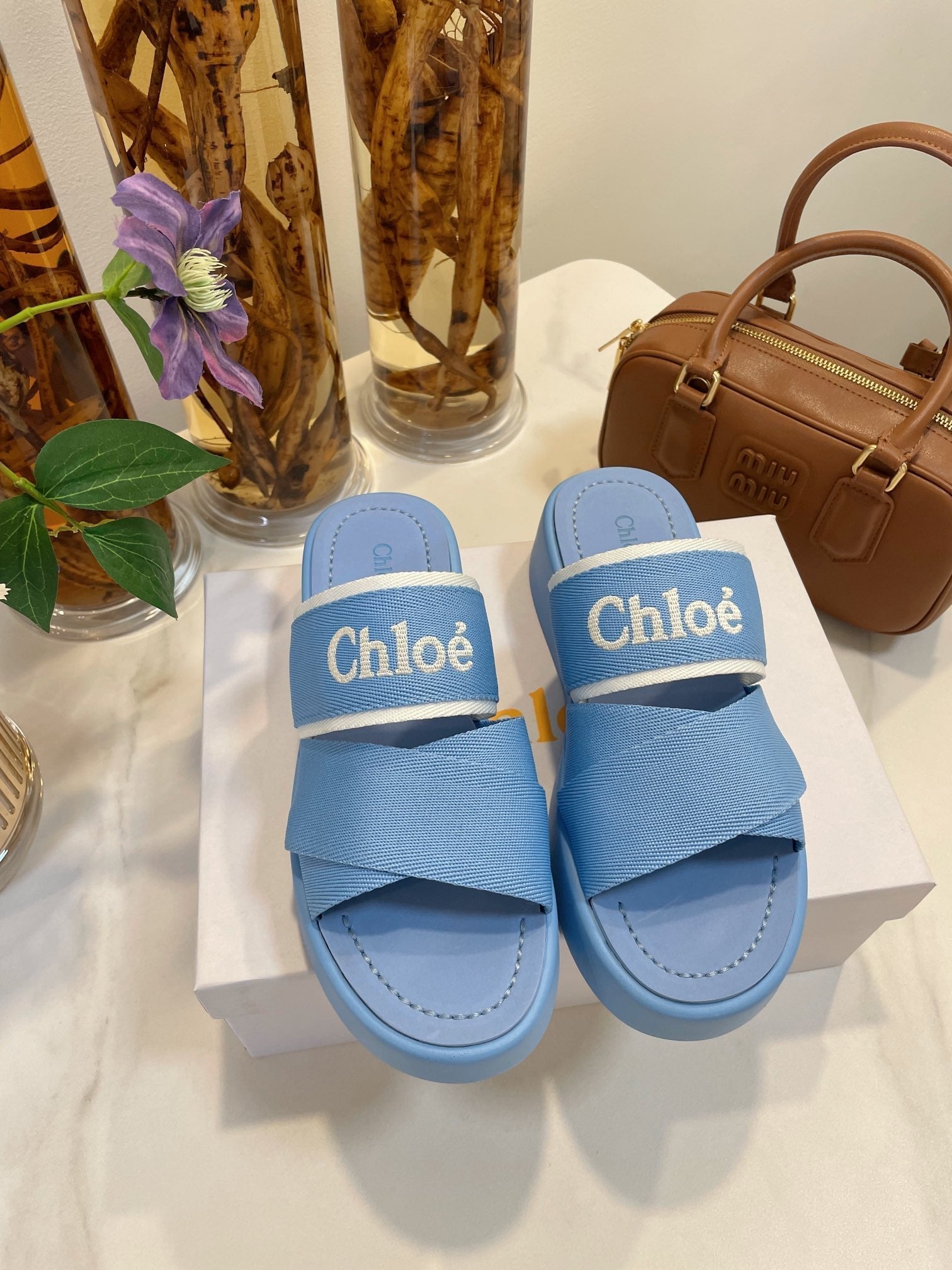 CHLOE WOODY WEDGE SANDALS IN CERULEAN BLUE CANVAS WITH RUBBER SOLE