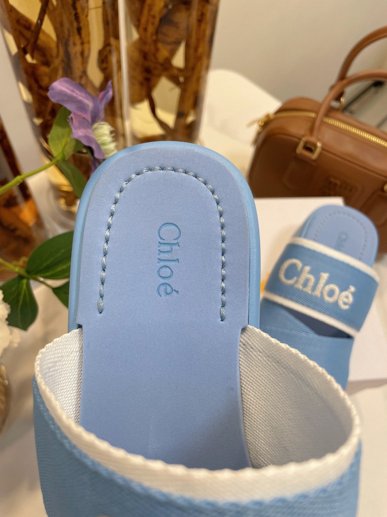 CHLOE WOODY WEDGE SANDALS IN CERULEAN BLUE CANVAS WITH RUBBER SOLE