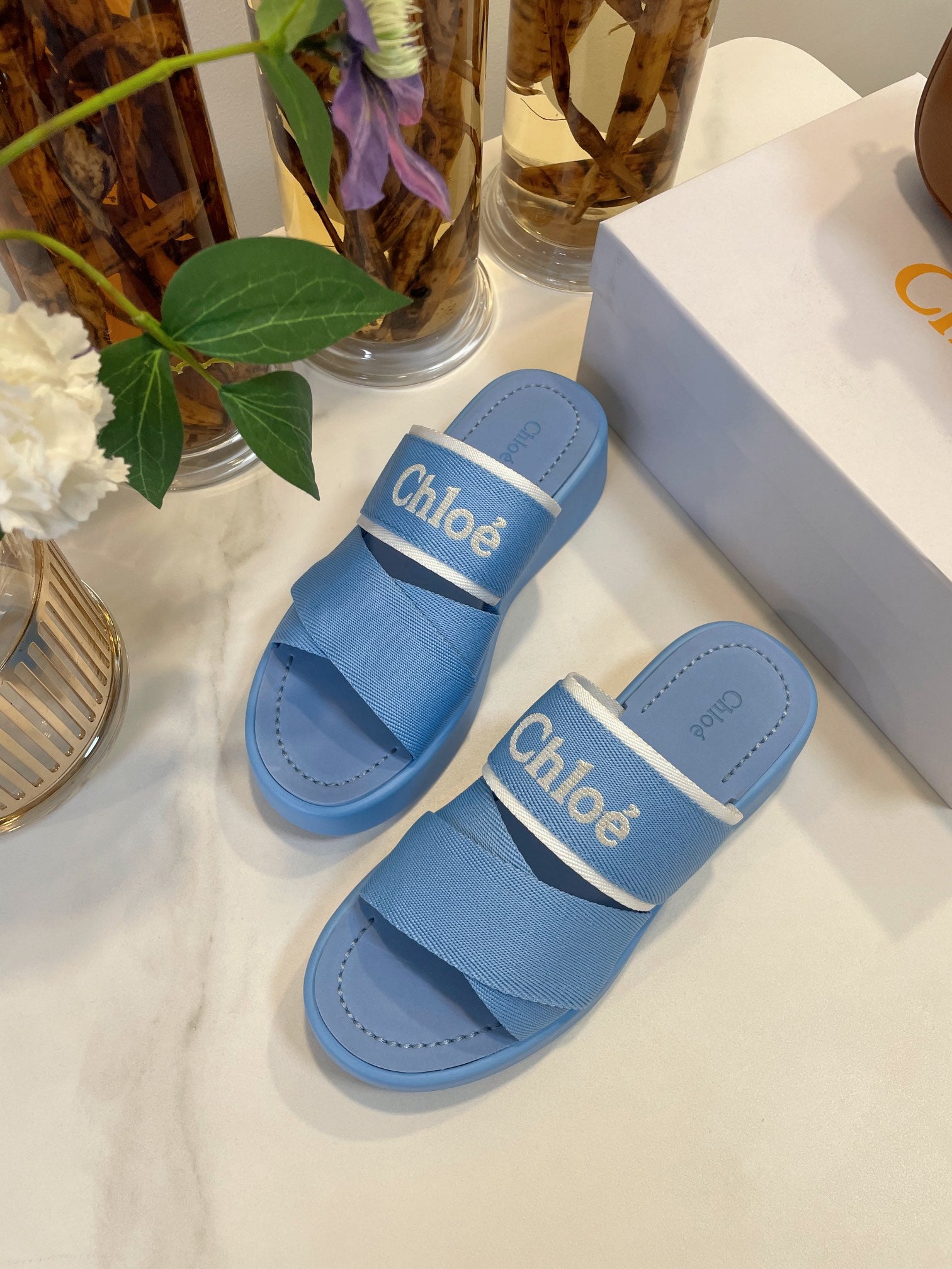 CHLOE WOODY WEDGE SANDALS IN CERULEAN BLUE CANVAS WITH RUBBER SOLE