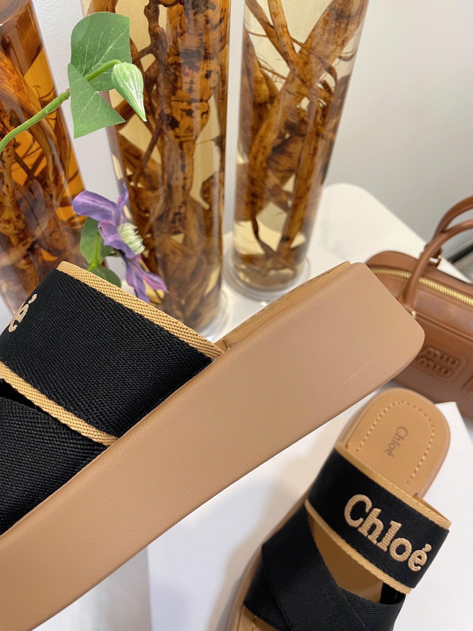 CHLOE WOODY WEDGE SANDALS IN BLACK CANVAS WITH CIDER BROWN RUBBER SOLE