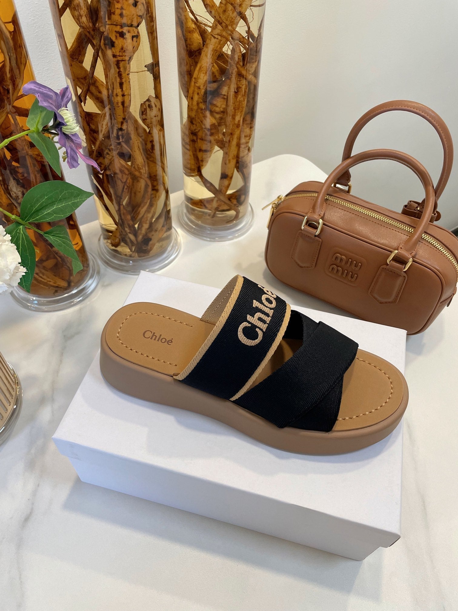 CHLOE WOODY WEDGE SANDALS IN BLACK CANVAS WITH CIDER BROWN RUBBER SOLE