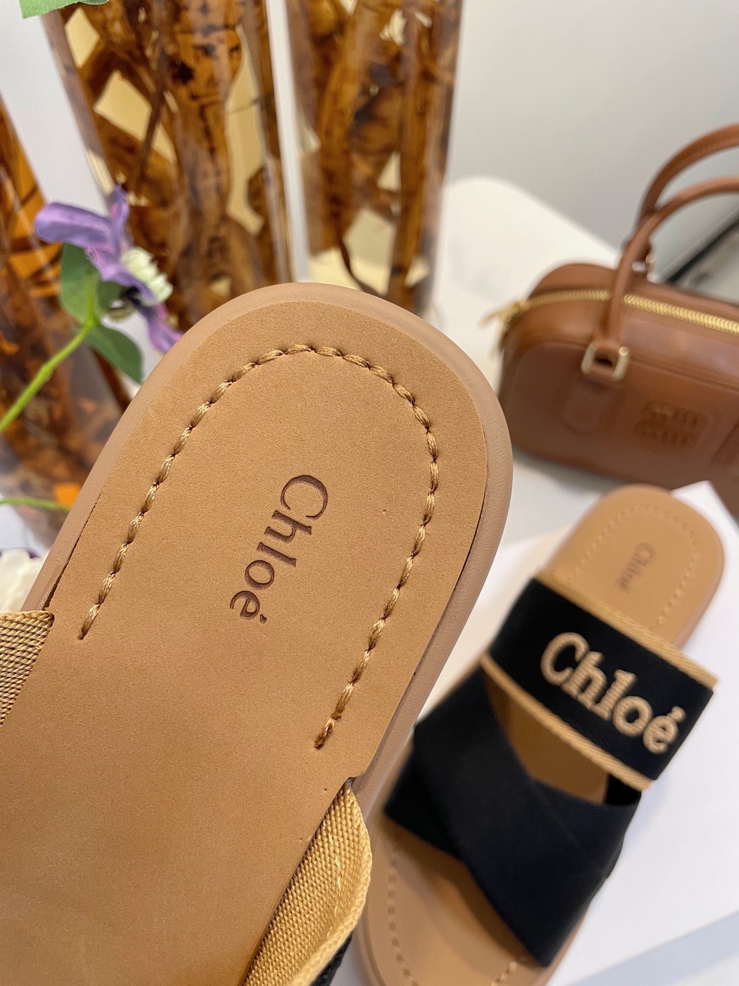 CHLOE WOODY WEDGE SANDALS IN BLACK CANVAS WITH CIDER BROWN RUBBER SOLE