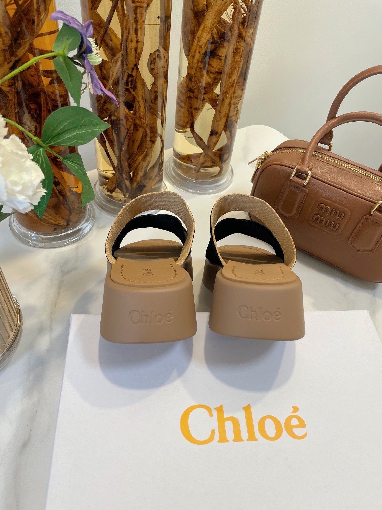 CHLOE WOODY WEDGE SANDALS IN BLACK CANVAS WITH CIDER BROWN RUBBER SOLE