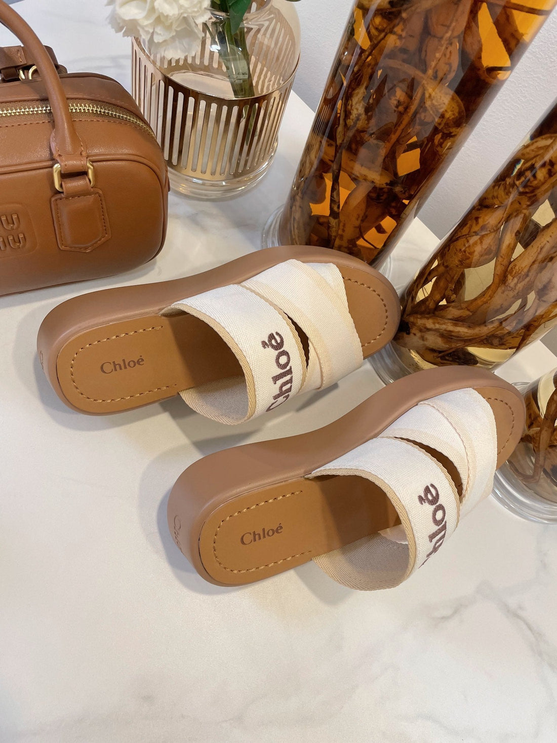 CHLOE WOODY WEDGE SANDALS IN WHITE CANVAS WITH CIDER BROWN RUBBER SOLE