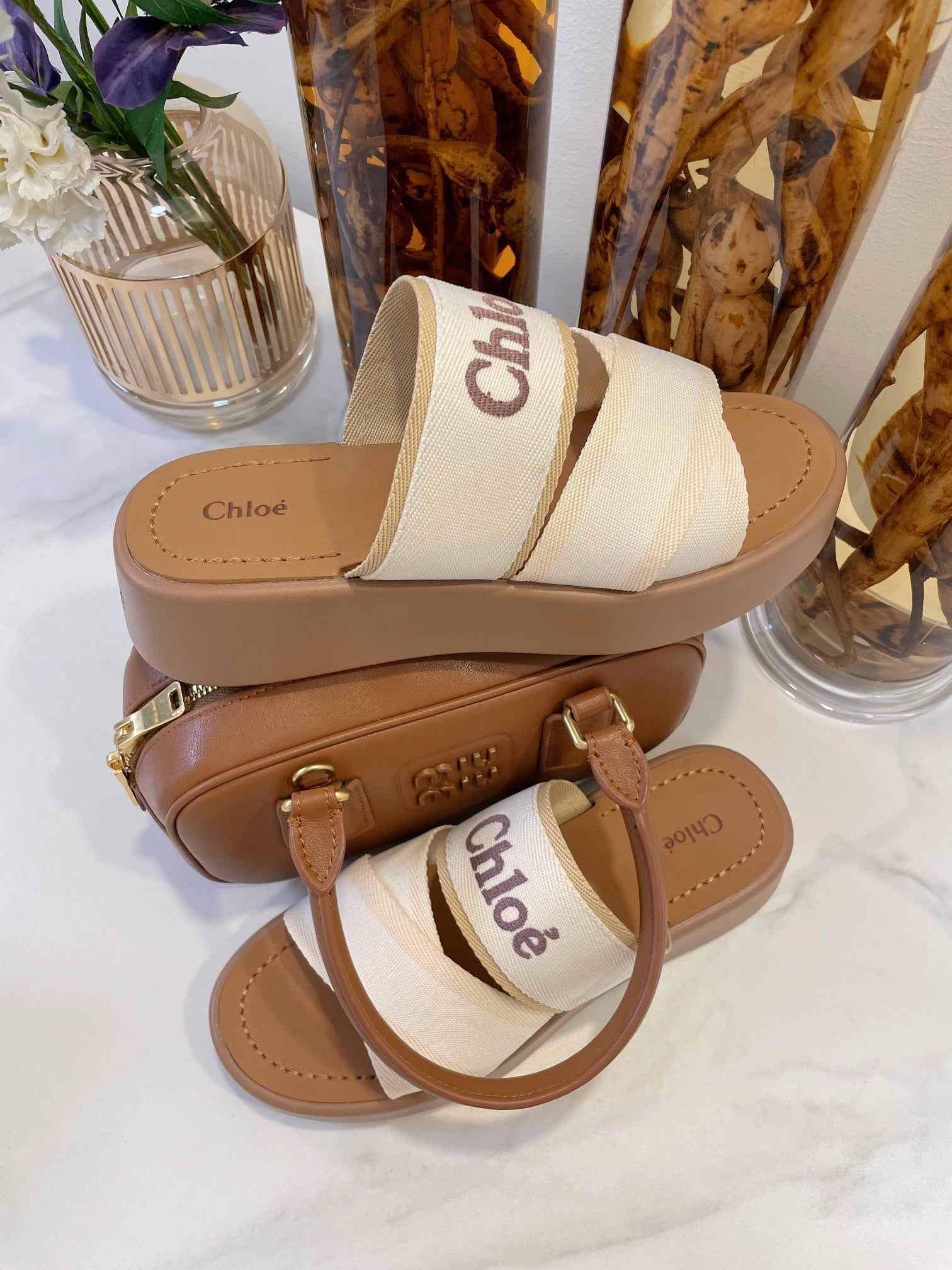 CHLOE WOODY WEDGE SANDALS IN WHITE CANVAS WITH CIDER BROWN RUBBER SOLE
