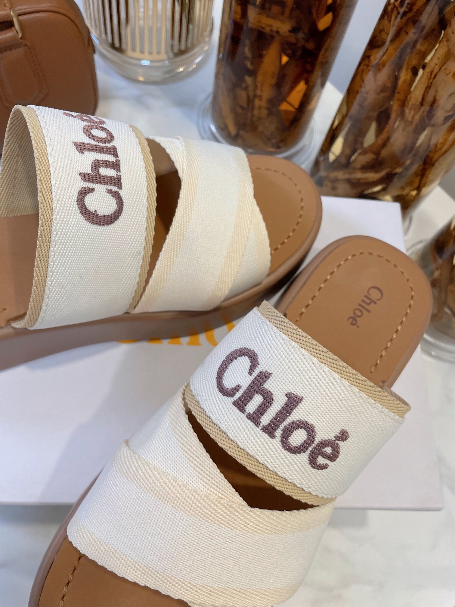CHLOE WOODY WEDGE SANDALS IN WHITE CANVAS WITH CIDER BROWN RUBBER SOLE