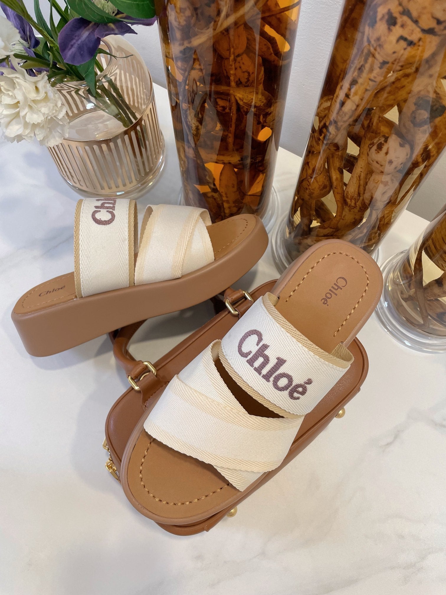 CHLOE WOODY WEDGE SANDALS IN WHITE CANVAS WITH CIDER BROWN RUBBER SOLE