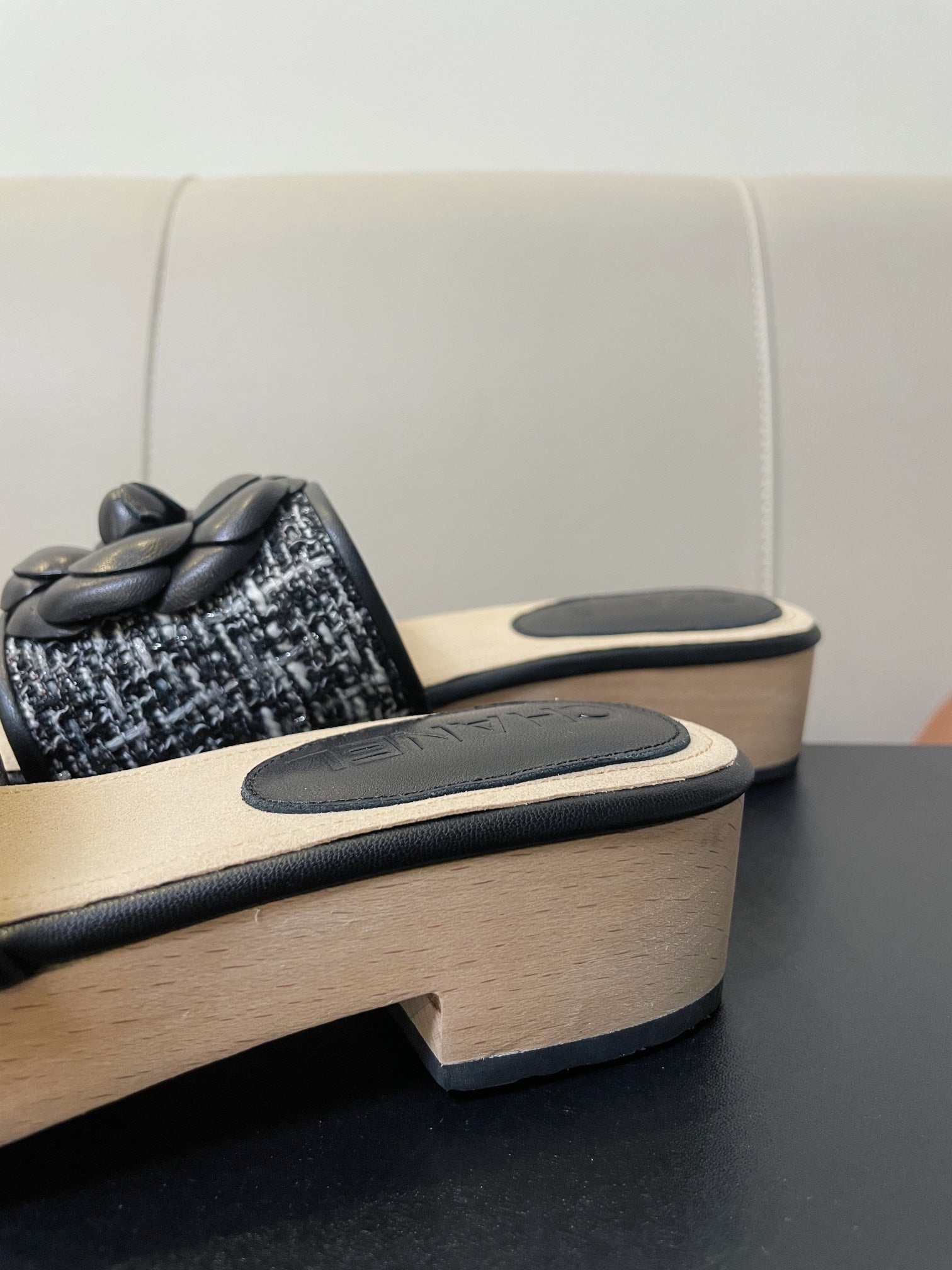 cc mule sandal 45 black white fabric beige calfskin