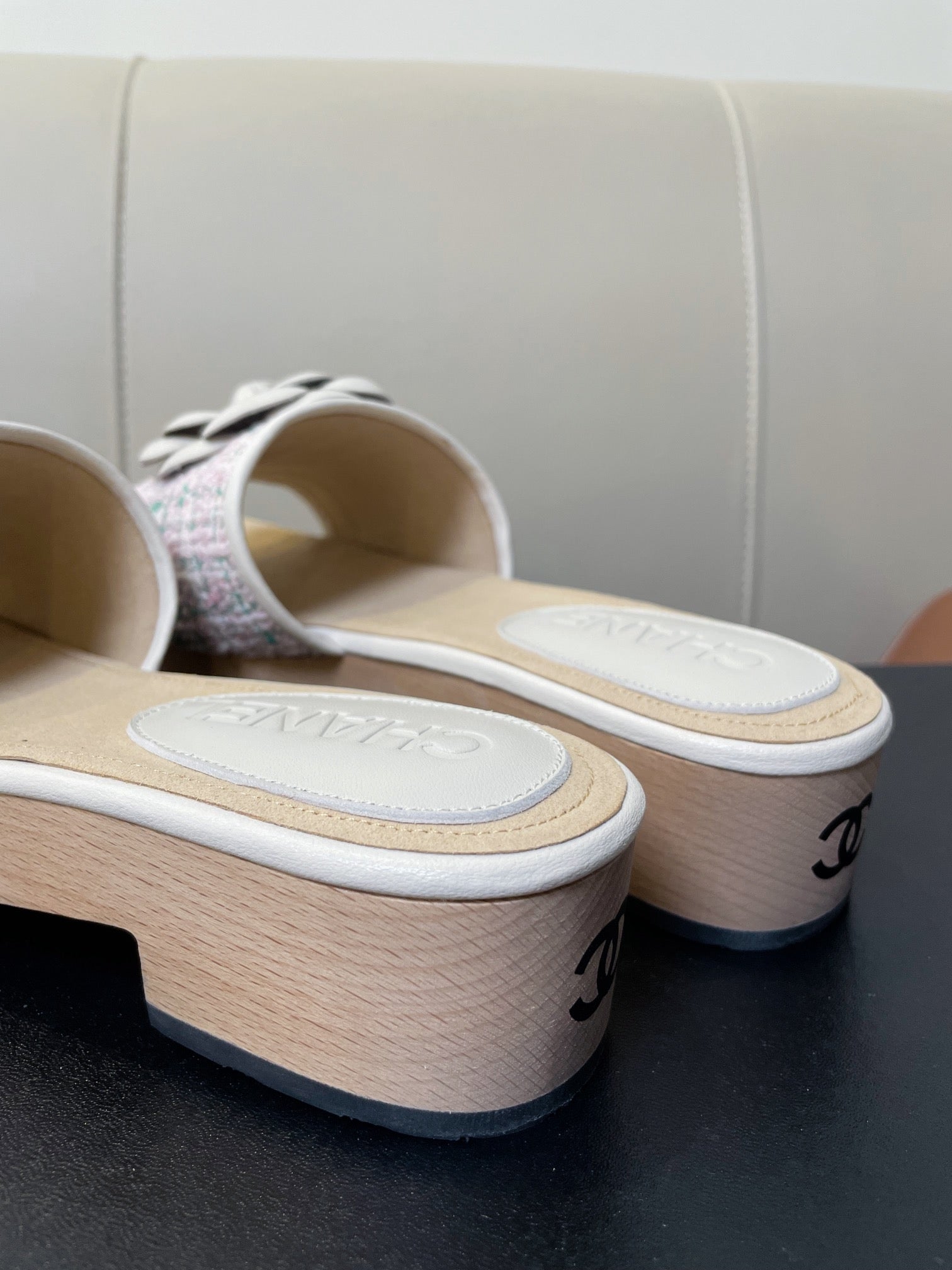 cc mule sandal 45 pink blue fabric beige calfskin