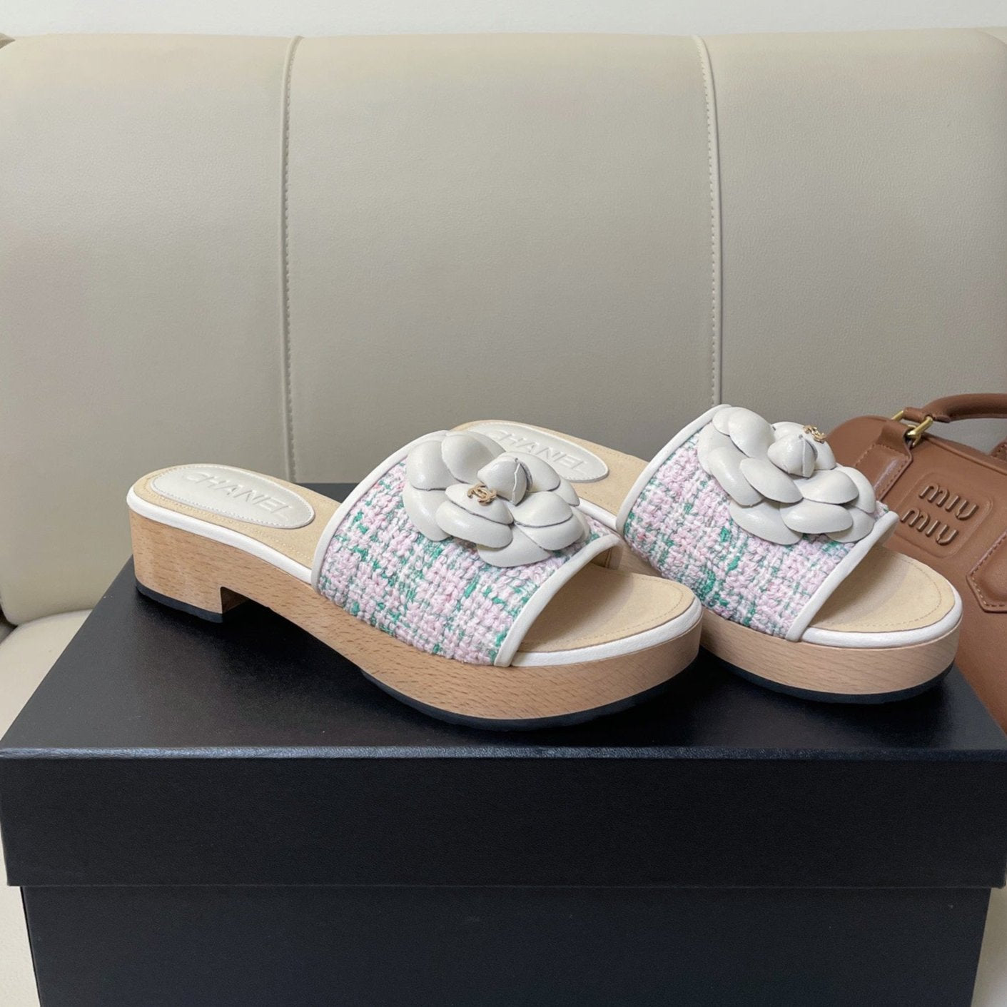 cc mule sandal 45 pink blue fabric beige calfskin