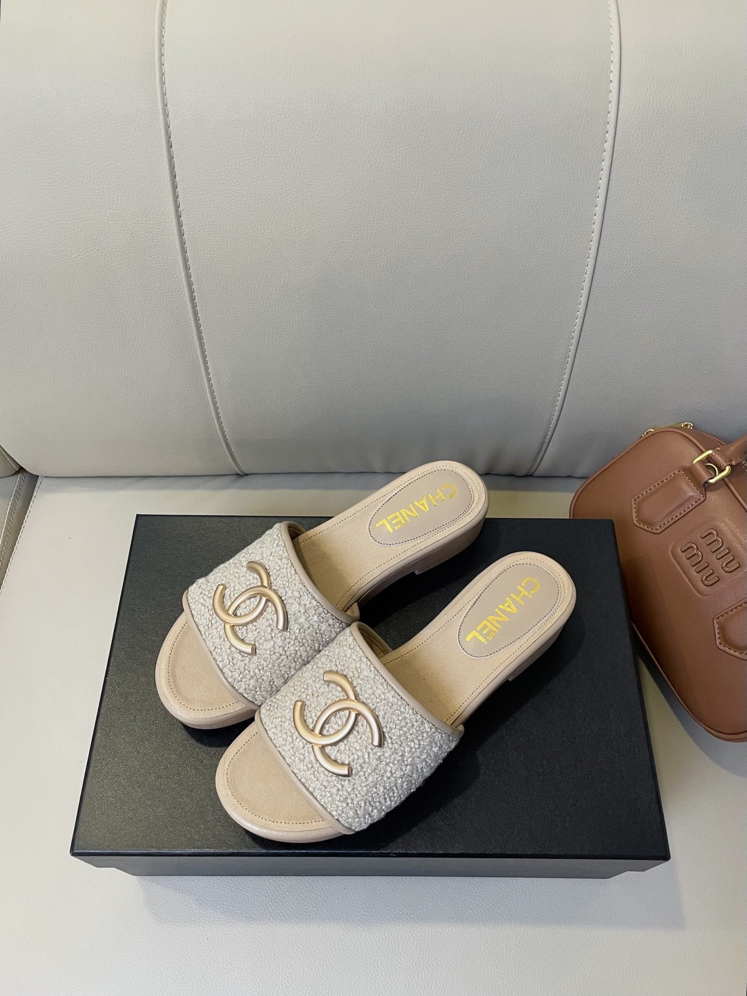 cc mule sandal 45 grey tweed beige calfskin