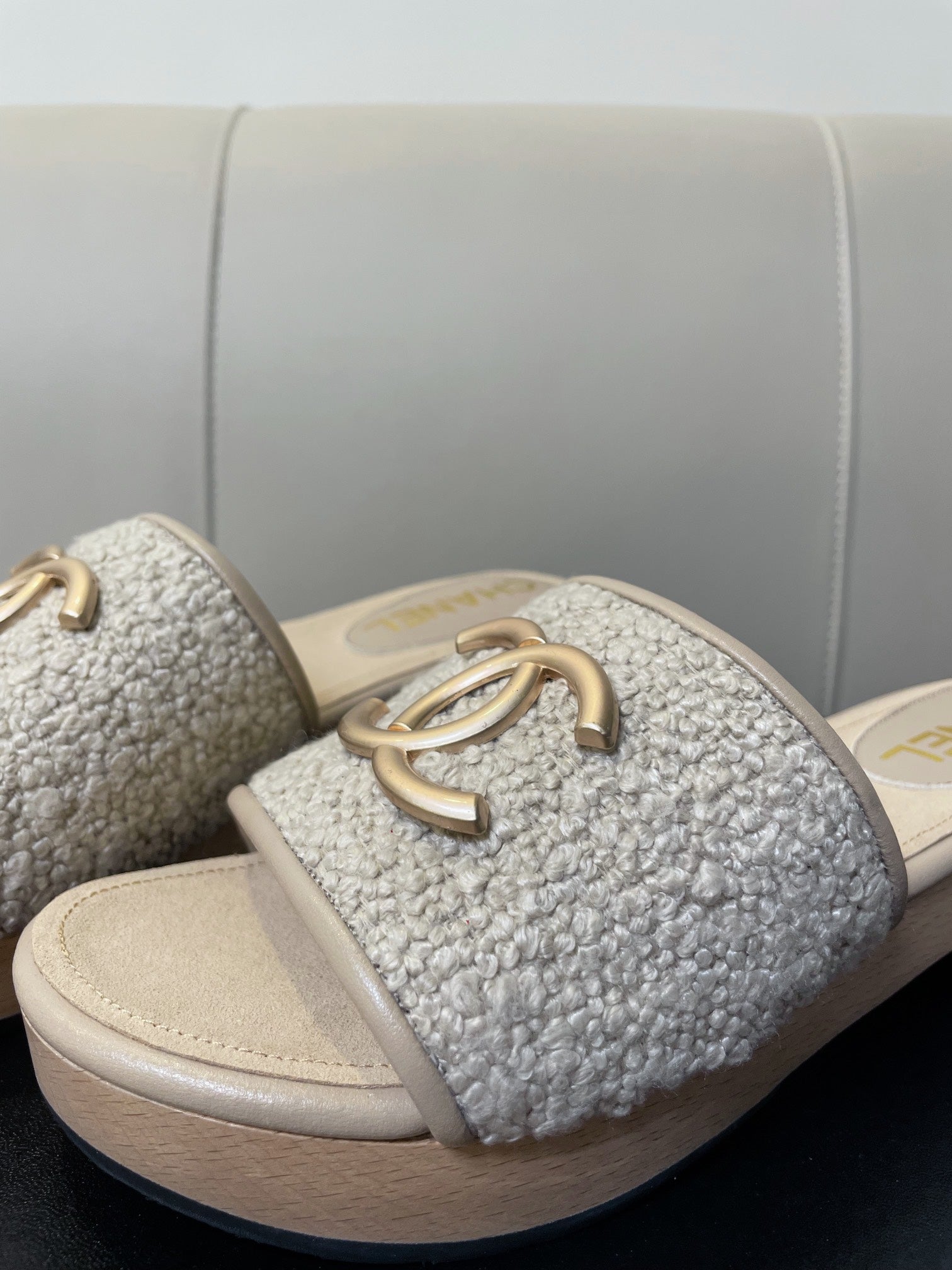 cc mule sandal 45 grey tweed beige calfskin