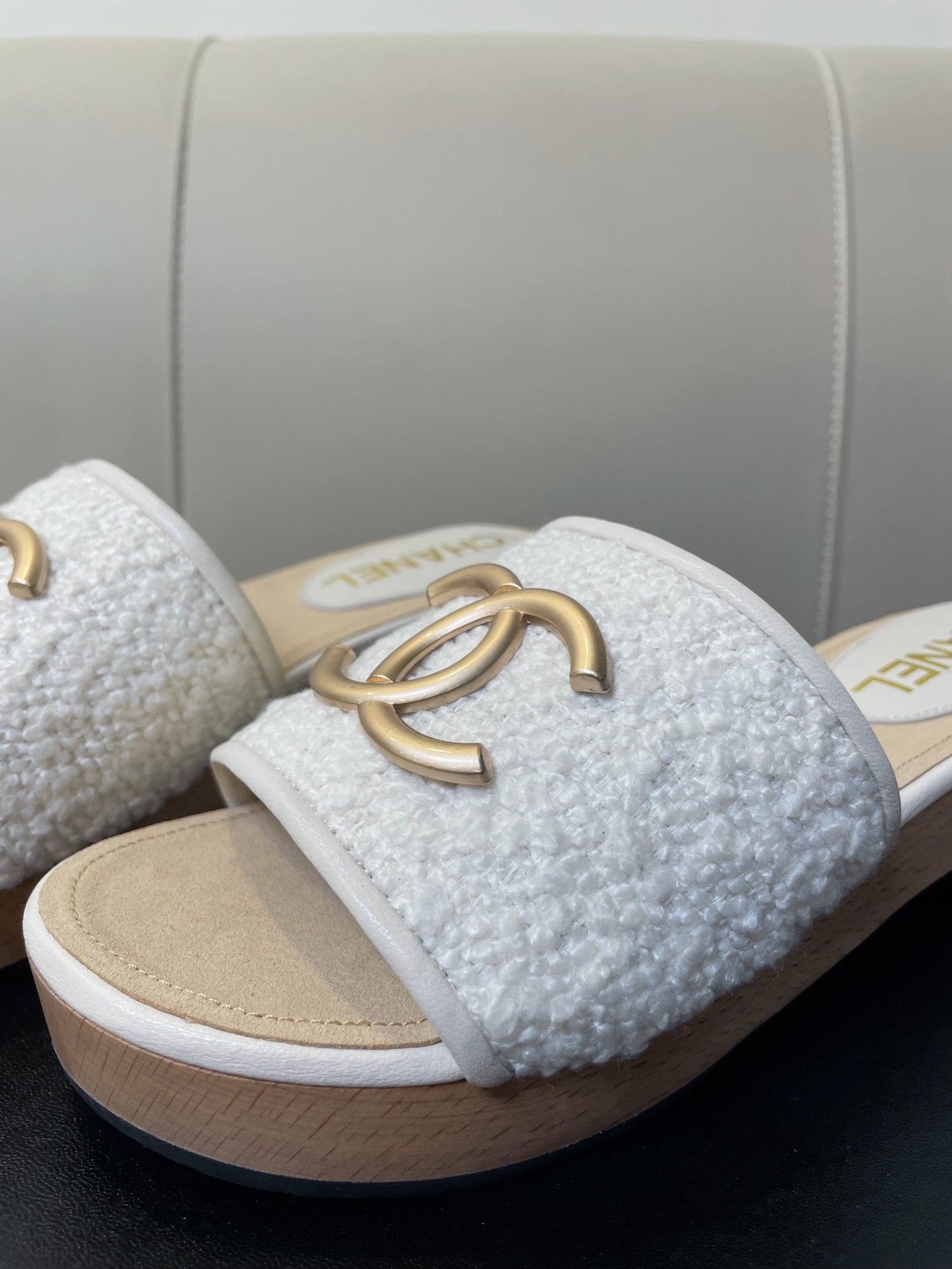 cc mule sandal 45 white tweed beige calfskin