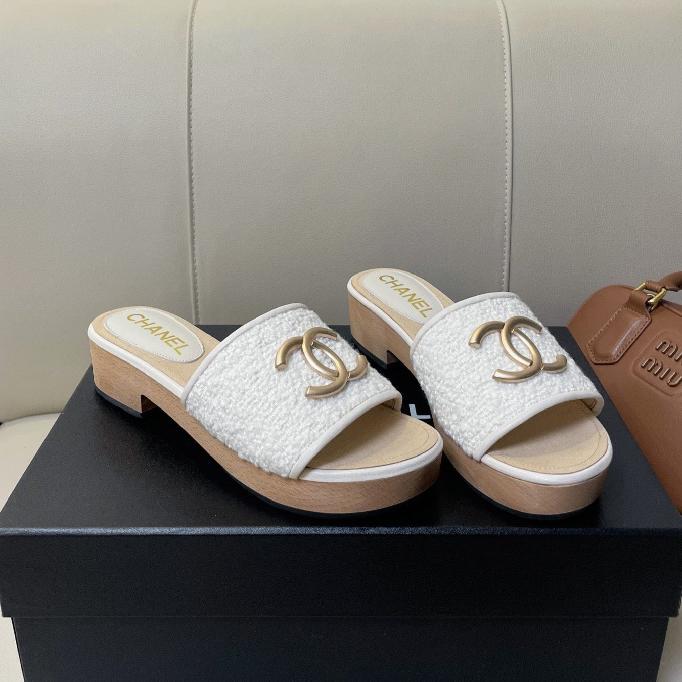 cc mule sandal 45 white tweed beige calfskin